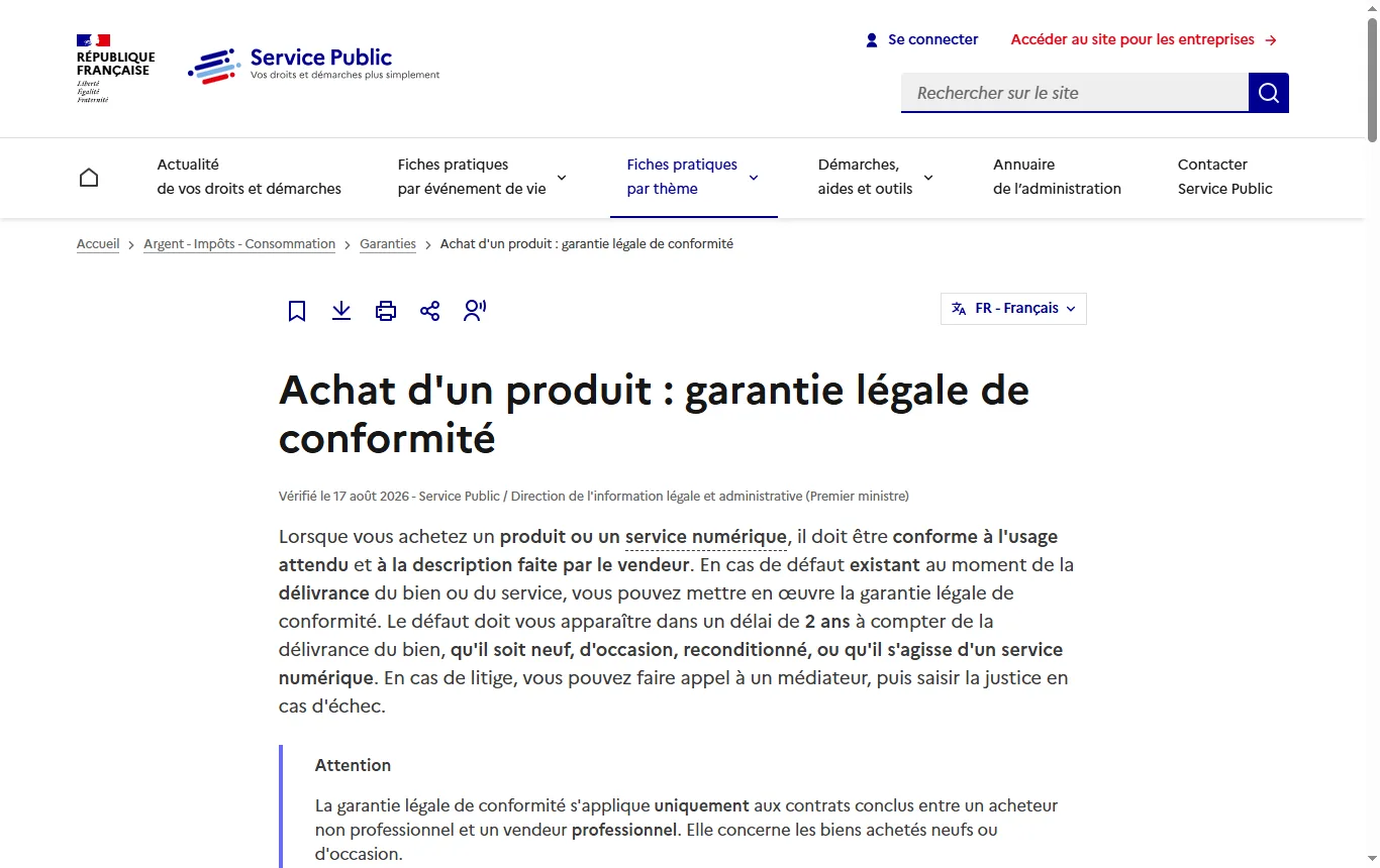 Capture de service-public.gouv.fr : fiche « Garantie légale de conformité » (F11094), encadré sur la durée de deux ans et la présomption d'antériorité du défaut