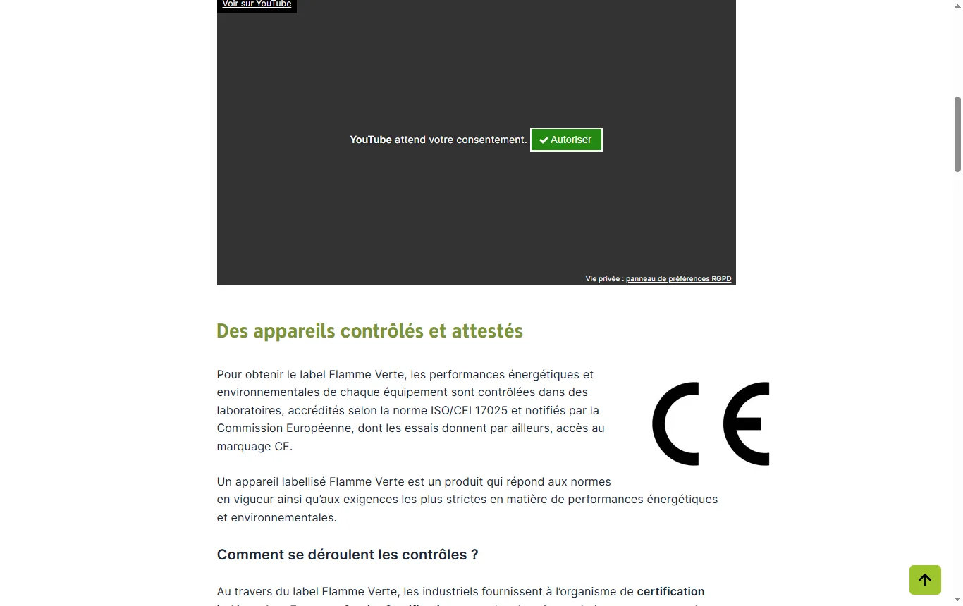 Capture de flammeverte.org : page « Le label Flamme Verte » sur flammeverte.org (flammeverte.org/flamme-verte/le-label-flamme-verte), avec la liste des appareils couverts et les essais de contrôle