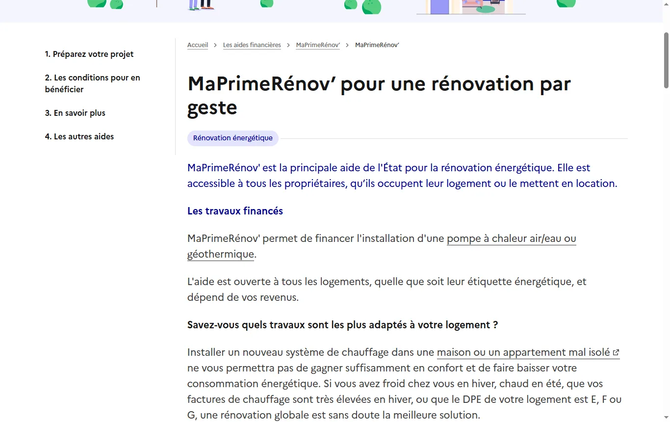 Capture de france-renov.gouv.fr : page « MaPrimeRénov' pour une rénovation par geste » sur france-renov.gouv.fr (france-renov.gouv.fr/aides/mpr), avec la liste des gestes financés