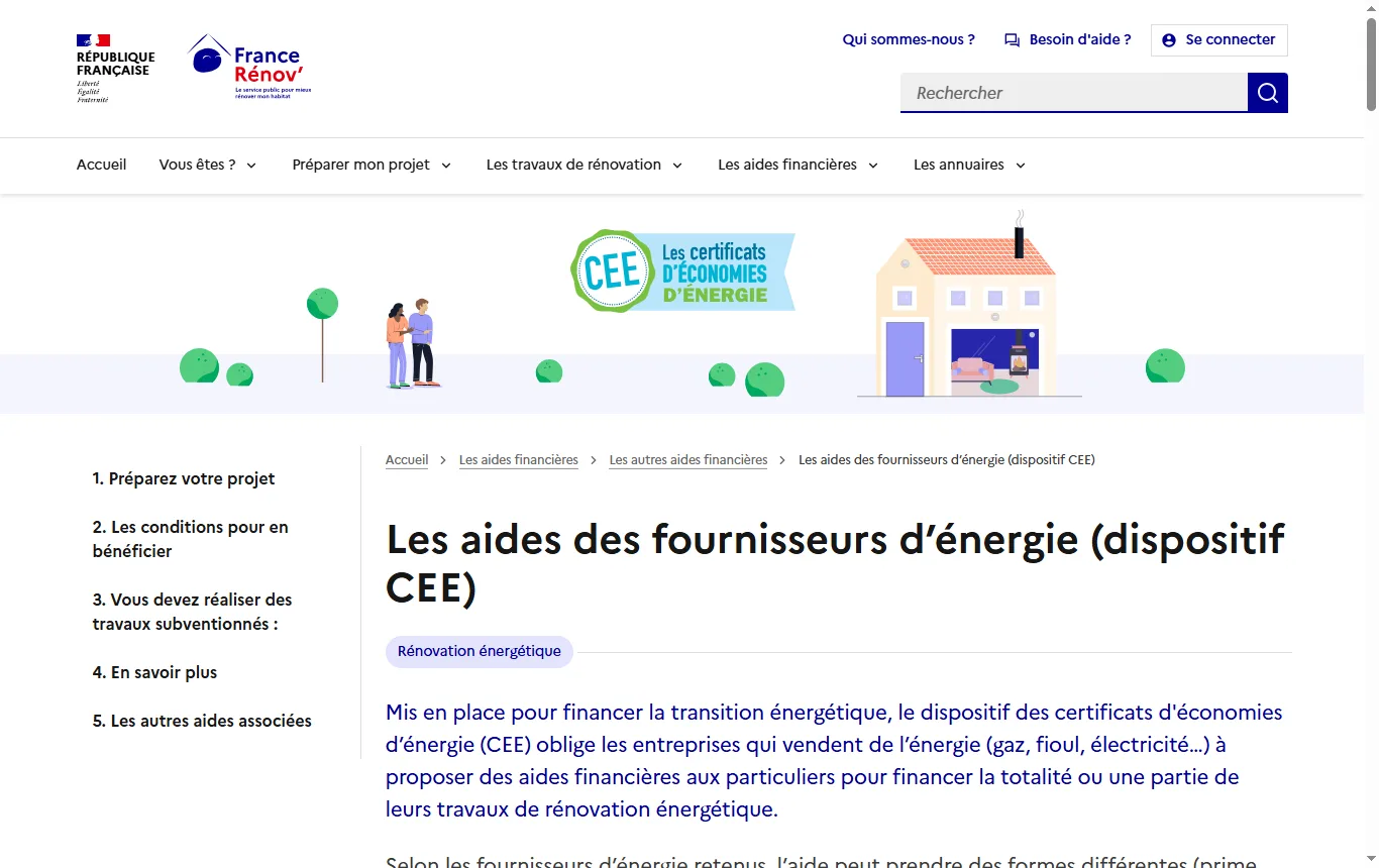 Capture de france-renov.gouv.fr : page « Certificats d'économies d'énergie » sur france-renov.gouv.fr (france-renov.gouv.fr/aides/cee), avec la mention du poêle à bois et de la prime Coup de pouce