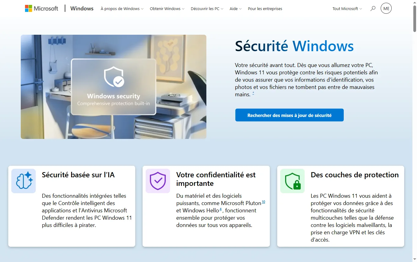 Capture de microsoft.com : page « Sécurité Windows » de Microsoft