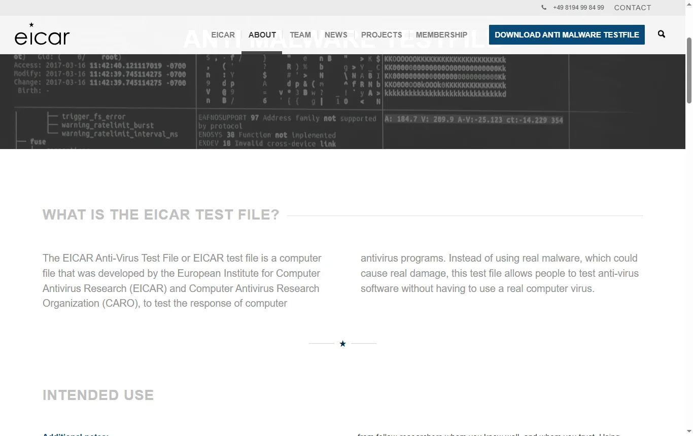 Capture de eicar.org : page antivirus, passage sur le fichier de test EICAR et les mises à jour