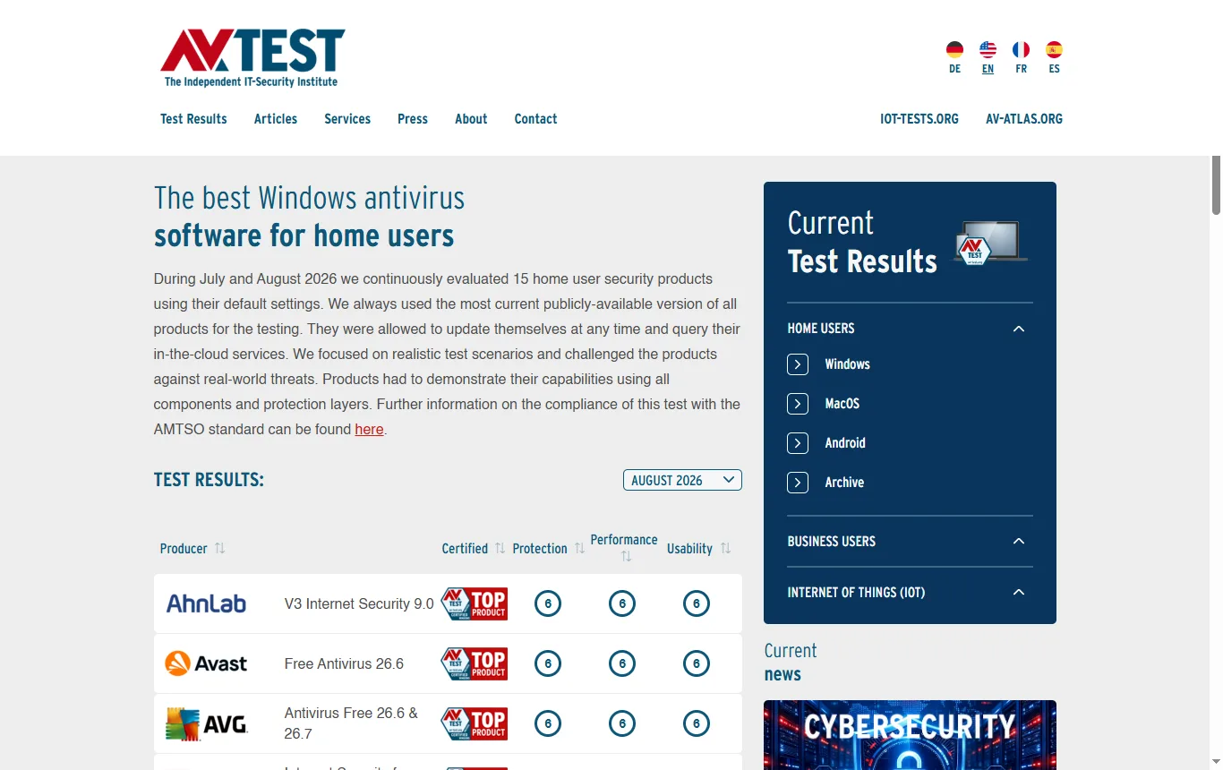 Capture de av-test.org : page des résultats de produits de sécurité pour Windows grand public