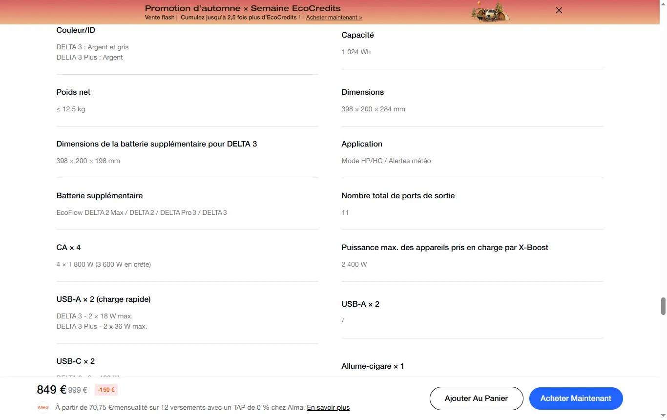 Capture de fr.ecoflow.com : page « Gamme DELTA 3 » de fr.ecoflow.com, tableau des ports de sortie et des modes de recharge de la DELTA 3 Plus