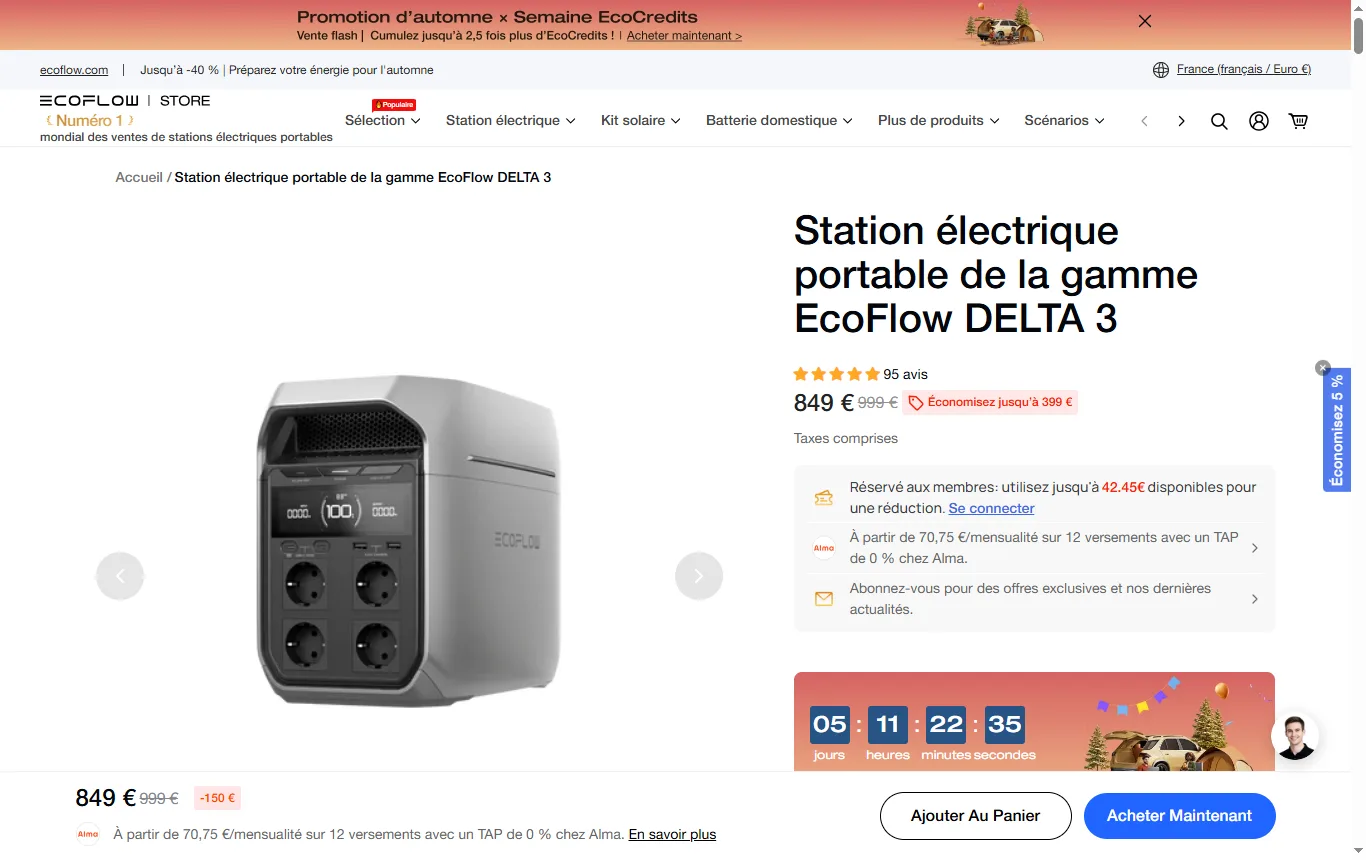 Capture de fr.ecoflow.com : fiche produit EcoFlow, section caractéristiques