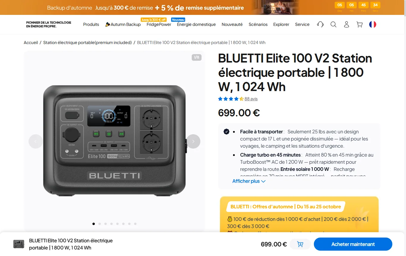 Capture de fr.bluettipower.eu : fiche produit BLUETTI, section caractéristiques