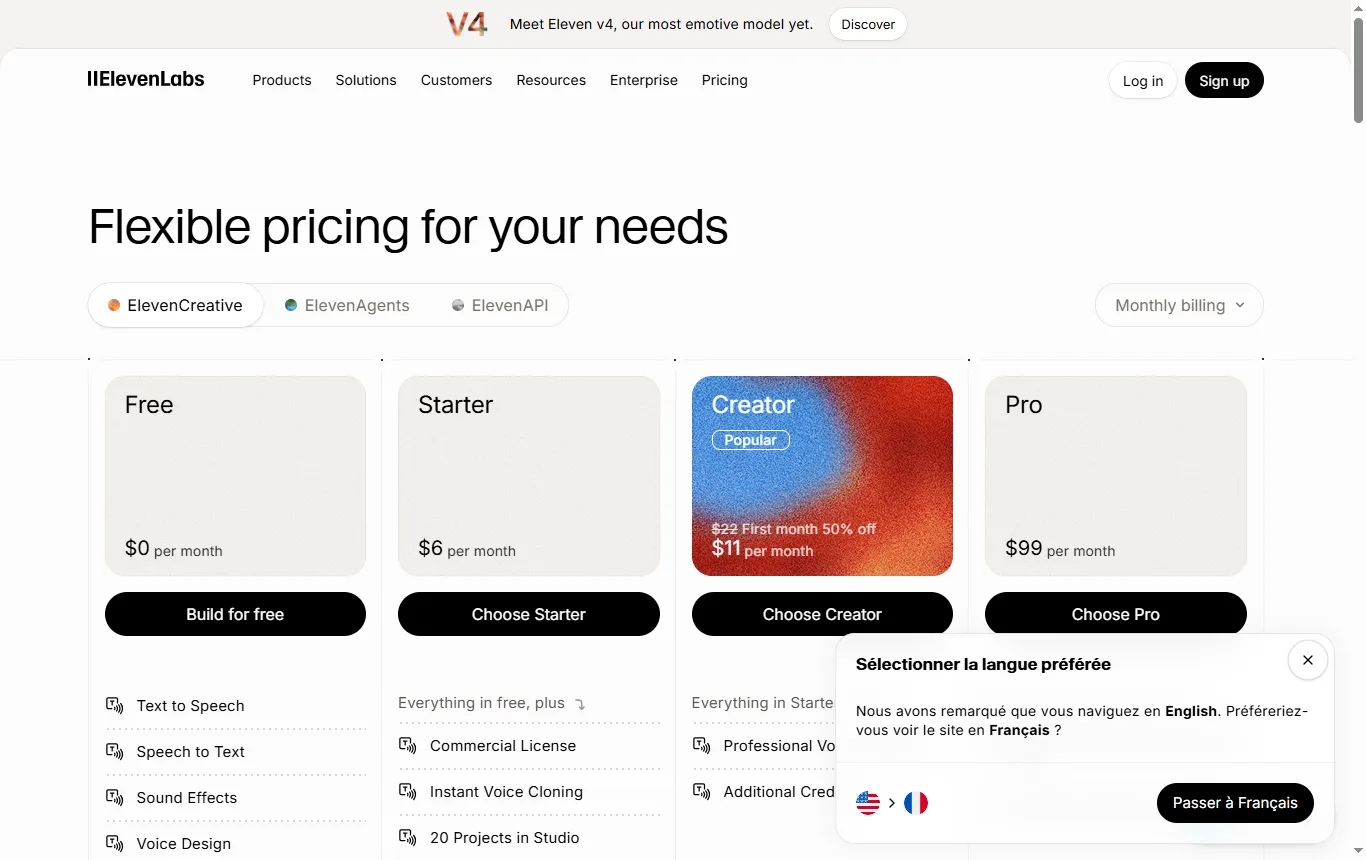 Capture de elevenlabs.io : page tarifs ElevenLabs, ligne de la formule gratuite (10 000 crédits par mois), datée