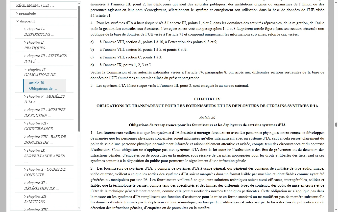 Capture de eur-lex.europa.eu : règlement (UE) 2024/1689, article 50 sur la transparence des contenus générés (eur-lex.europa.eu)