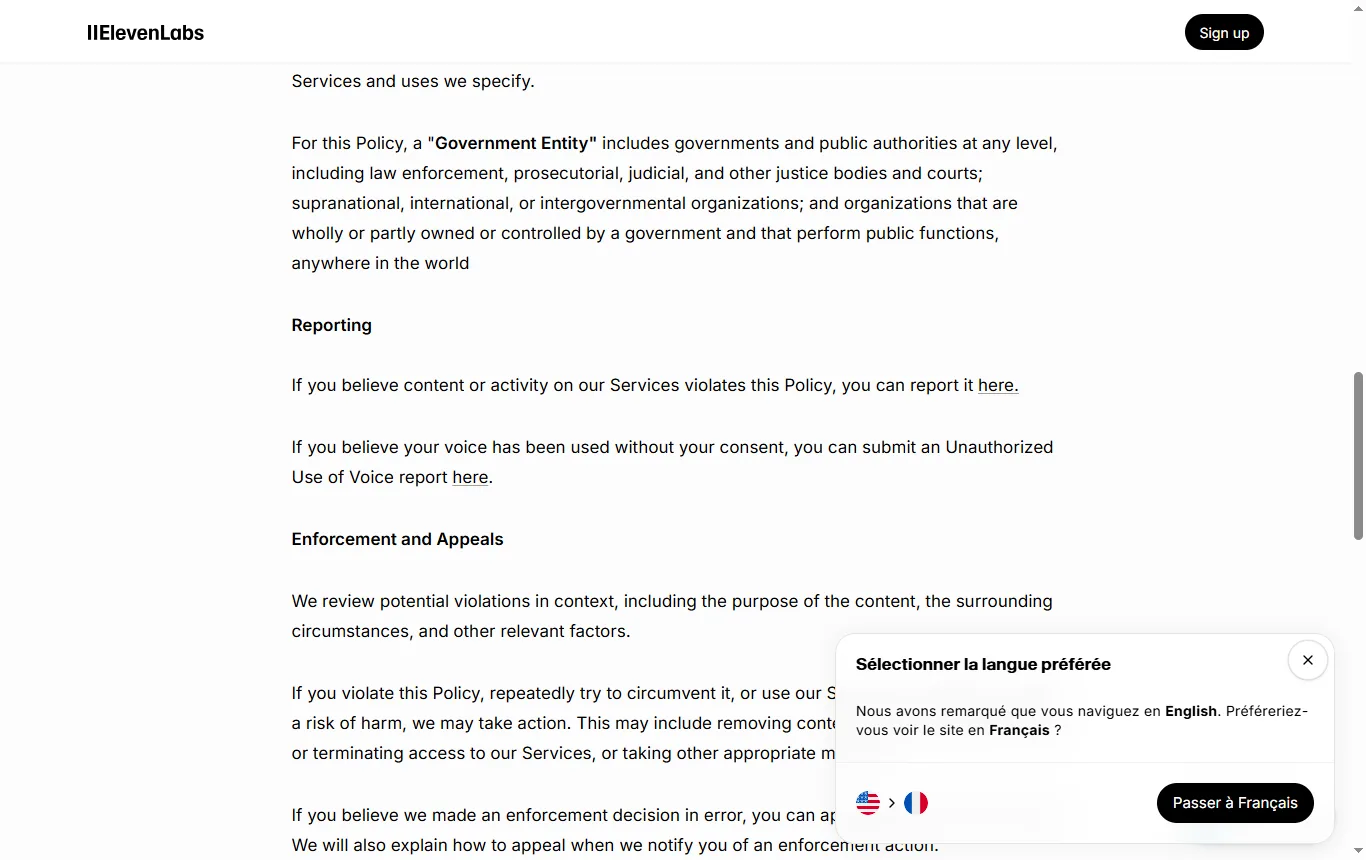 Capture de elevenlabs.io : politique d'utilisation, passage sur le clonage de voix et le consentement de la personne concernée