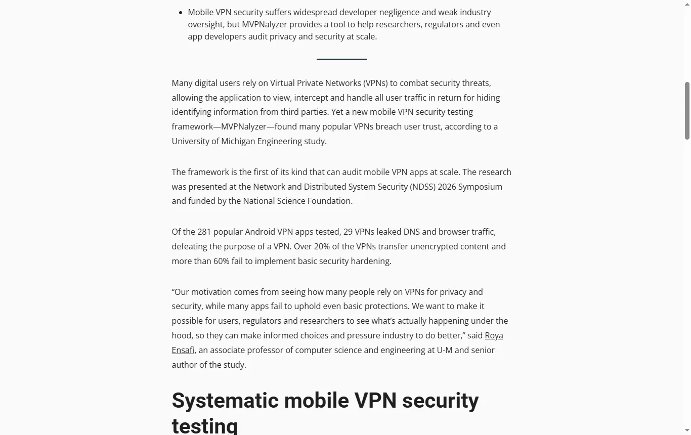 Capture de news.engin.umich.edu : communiqué de l'université du Michigan du 7 juillet 2026 sur l'étude MVPNalyzer (news.engin.umich.edu/2026/07/mobile-vpn-security-is-not-as-strong-as-advertised/), passage chiffré sur les 281 applications