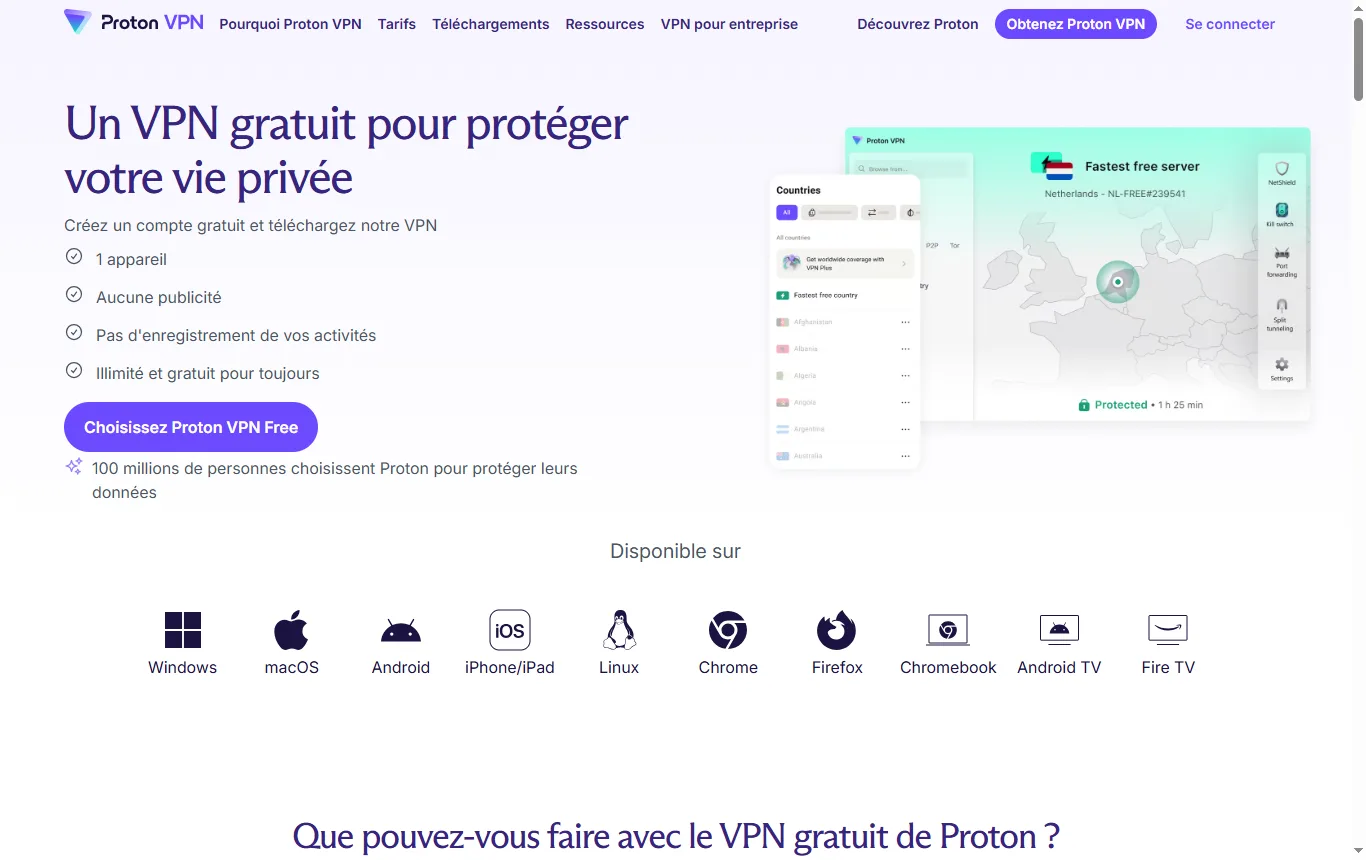 Capture de protonvpn.com : page protonvpn.com/free-vpn, encadré « 1 appareil, sans publicité, sans journaux » et liste des fonctions de la formule gratuite