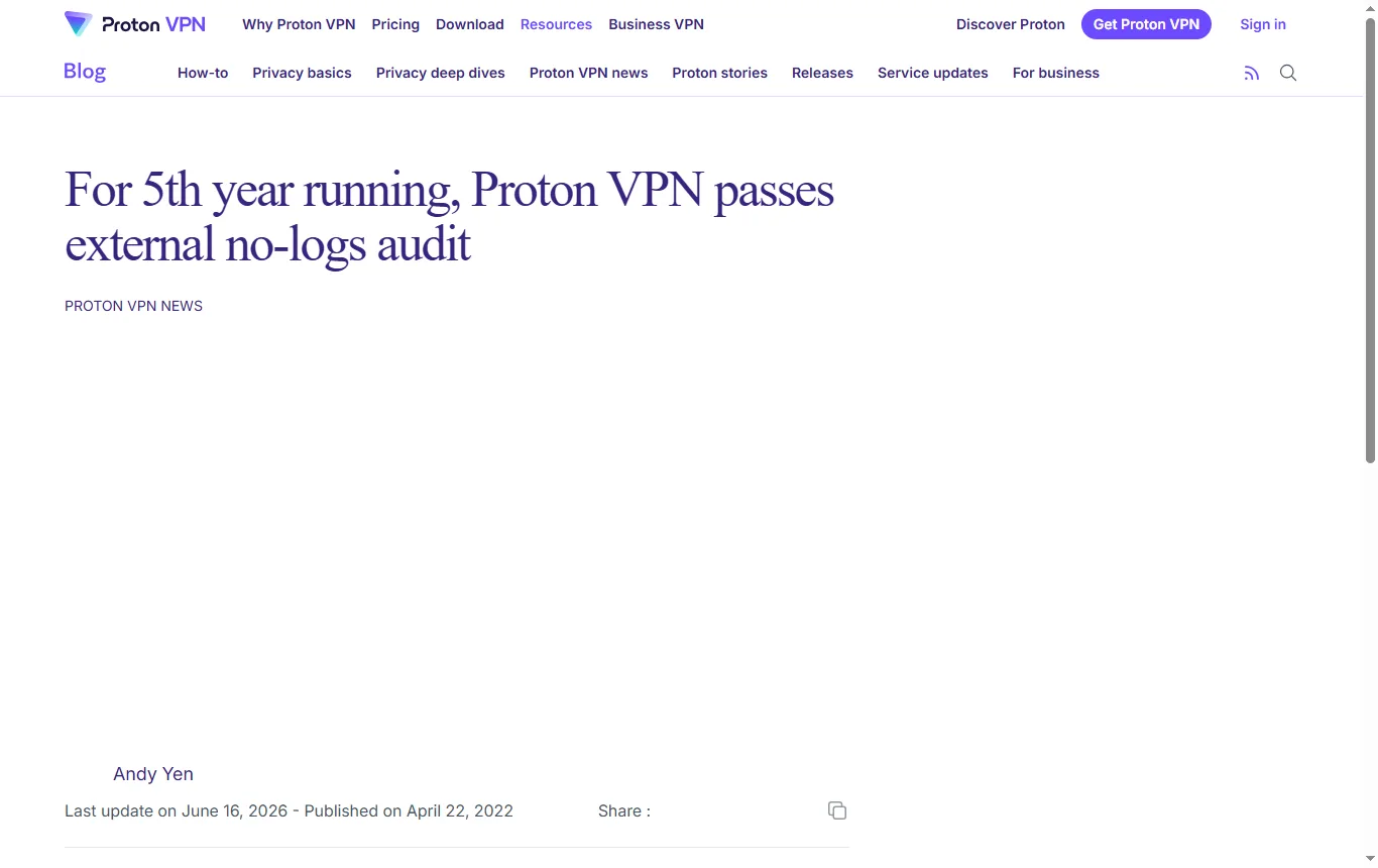 Capture de protonvpn.com : article protonvpn.com/blog/no-logs-audit, passage sur le cinquième audit annuel de Securitum et liste des rapports 2022 à 2026