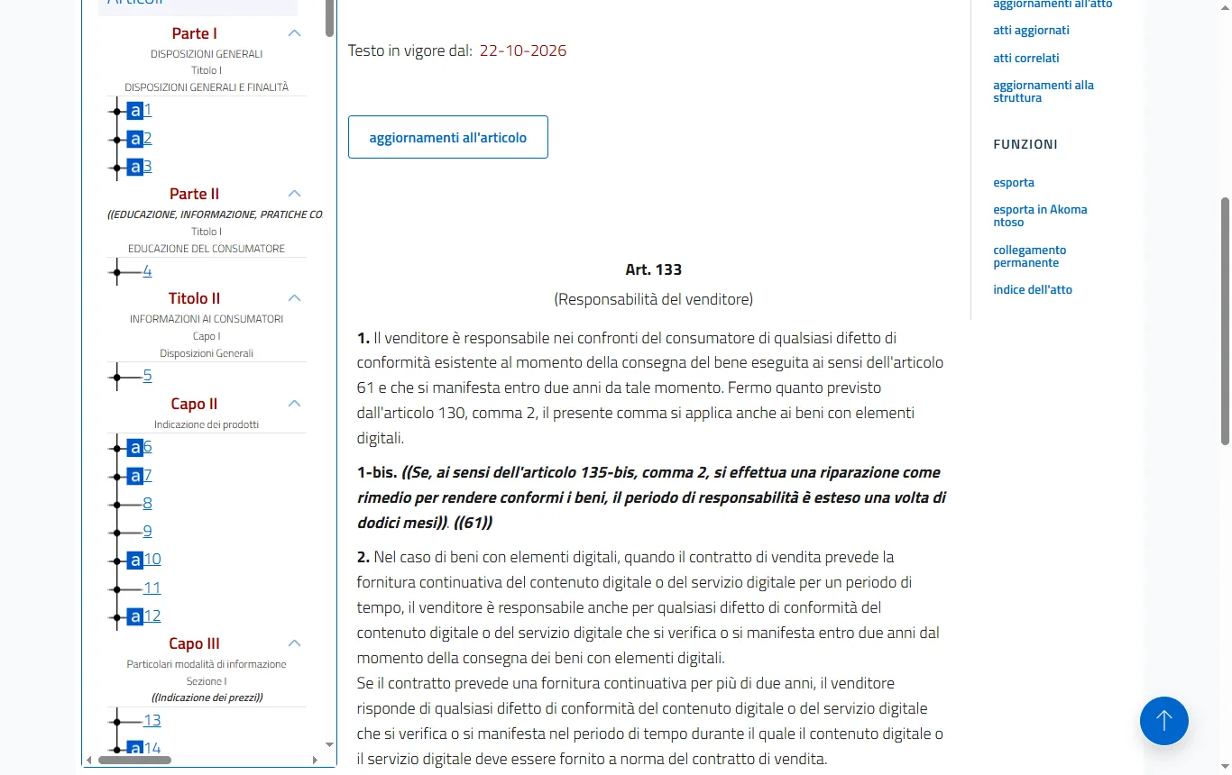 Schermata di normattiva.it : articolo 133 del Codice del consumo su Normattiva (D.Lgs. 206/2005, art. 133), comma 1 sulla responsabilità del venditore per i difetti manifestati entro due anni