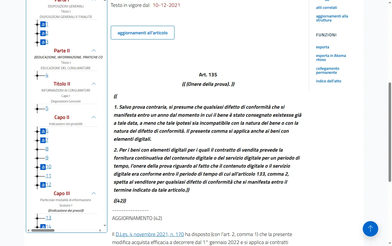 Schermata di normattiva.it : articolo 135 del Codice del consumo su Normattiva (D.Lgs. 206/2005, art. 135), comma 1 sulla presunzione di difetto presente alla consegna entro un anno