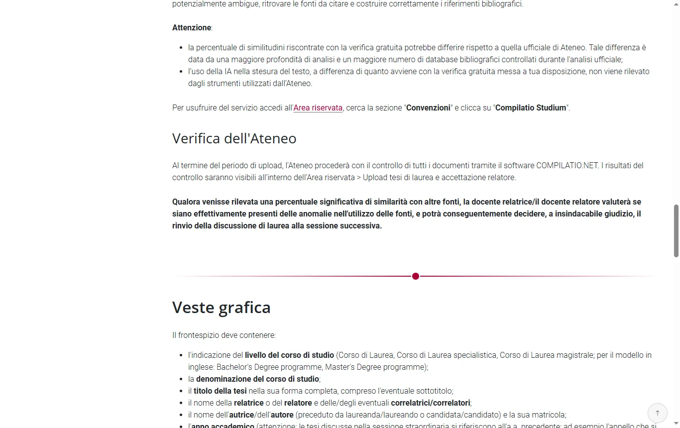 Schermata di unive.it : pagina unive.it su antiplagio e dichiarazione sull'uso dell'IA, con il passaggio sulla percentuale di similarità e sulla dichiarazione dell'uso di strumenti di IA