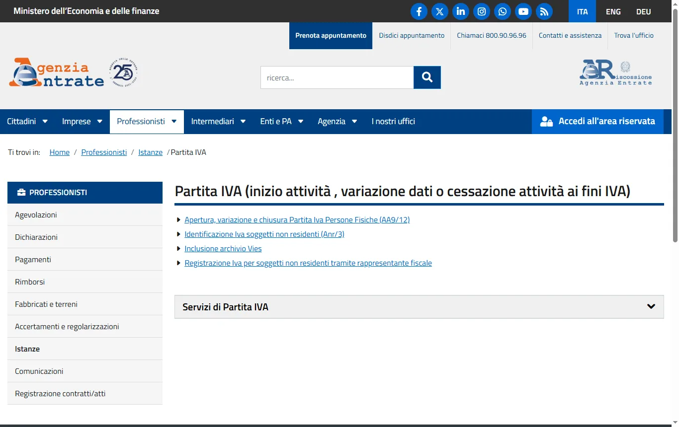 Schermata di agenziaentrate.gov.it : pagina dell'Agenzia delle Entrate sulla partita IVA (agenziaentrate.gov.it/portale/professionisti/istanze/partita-iva), sezione sulla procedura di apertura con il modello AA9/12