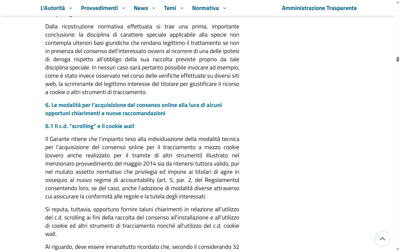 Schermata di garanteprivacy.it : Linee guida cookie del Garante privacy (garanteprivacy.it, docweb 9677876), punto 6.1 sul fatto che lo scorrimento della pagina non è consenso