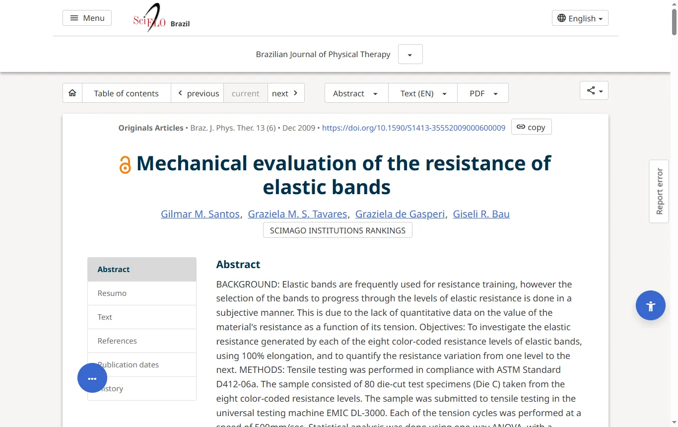 Schermata di scielo.br : pagina dell'abstract dello studio «Mechanical evaluation of the resistance of elastic bands» su SciELO (scielo.br/j/rbfis/a/p7vFJZktJMZhBrLLtTyqtzS/?lang=en), risultati su differenze tra i livelli e rapporto oro/beige