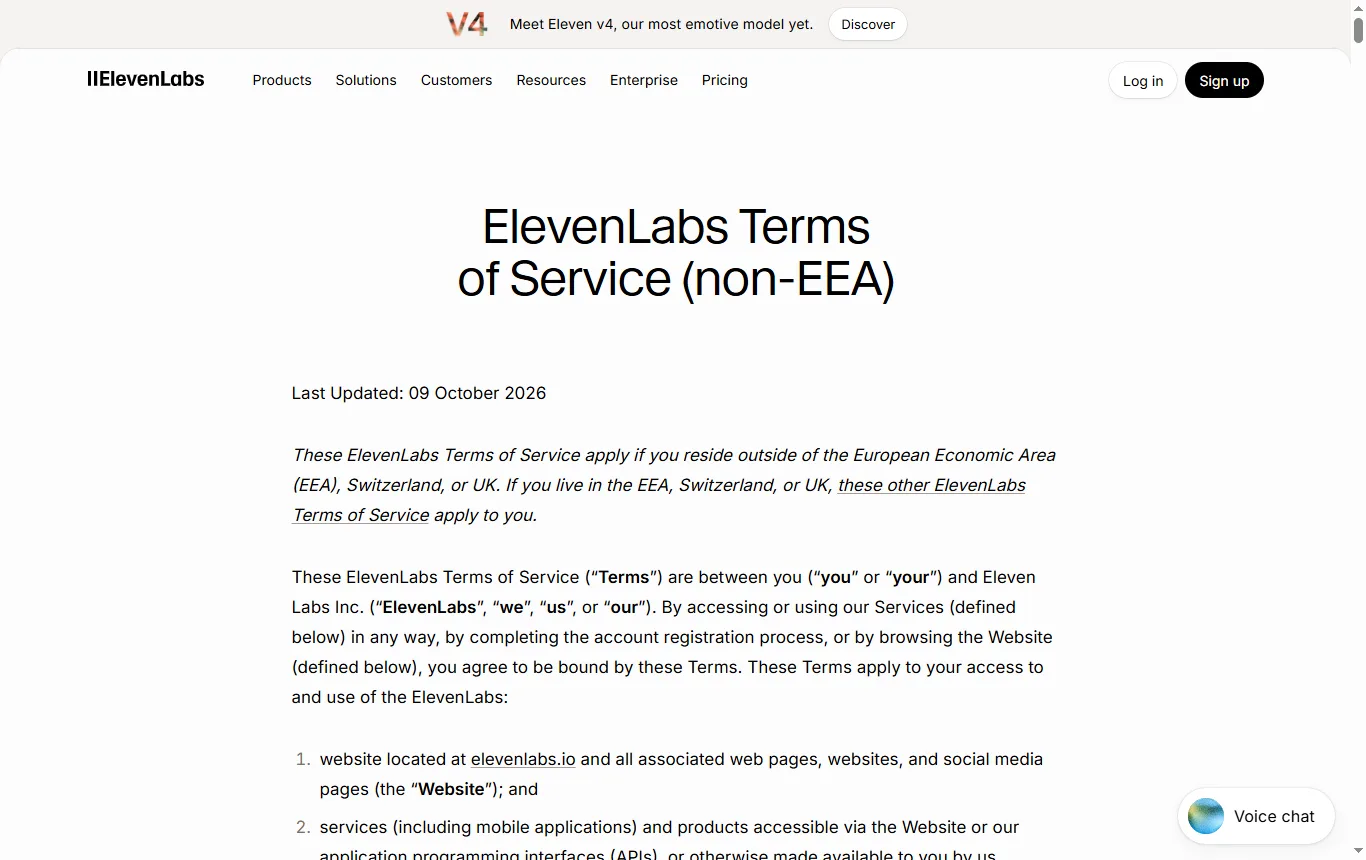 Schermata di elevenlabs.io : termini d'uso di ElevenLabs (elevenlabs.io/terms-of-use), sezione 1(c) sull'uso non commerciale del servizio gratuito e sezione 4(b) sulla clonazione della propria voce