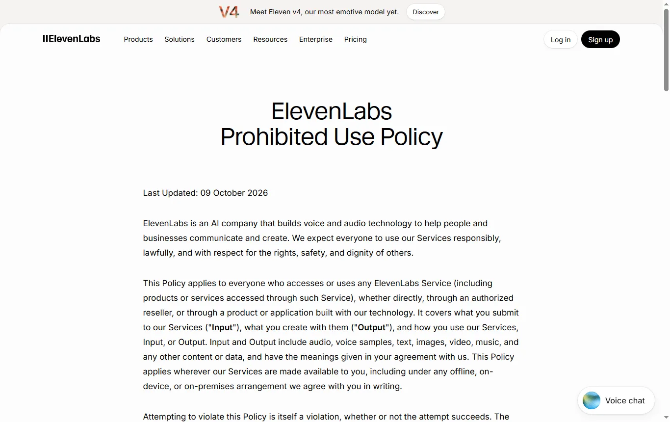 Schermata di elevenlabs.io : Prohibited Use Policy di ElevenLabs (elevenlabs.io/use-policy), elenco delle categorie su inganno, impersonificazione e diritti altrui