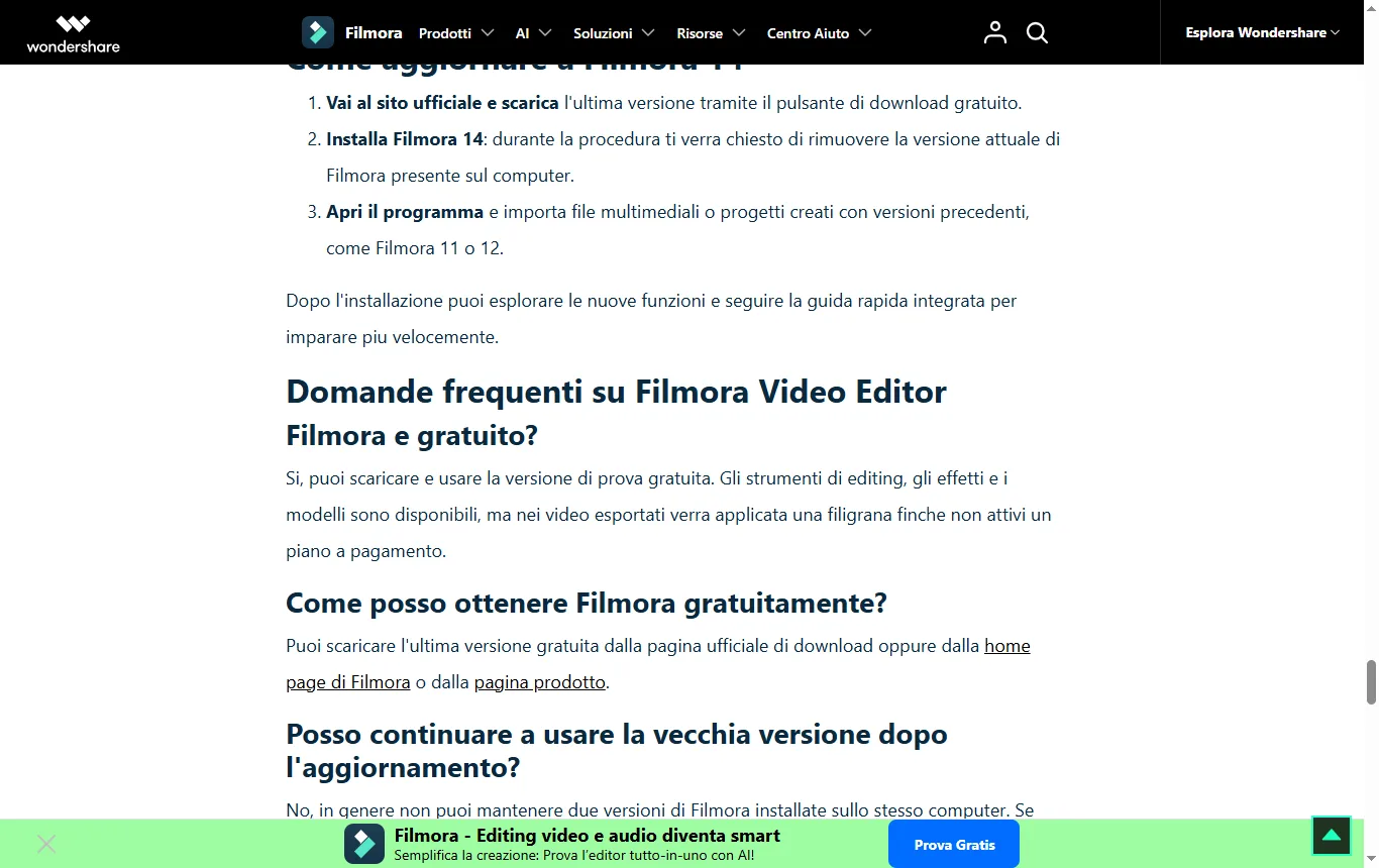Schermata di filmora.wondershare.it : pagina italiana di Filmora (filmora.wondershare.it) con la frase sulla filigrana nei video esportati dalla versione gratuita