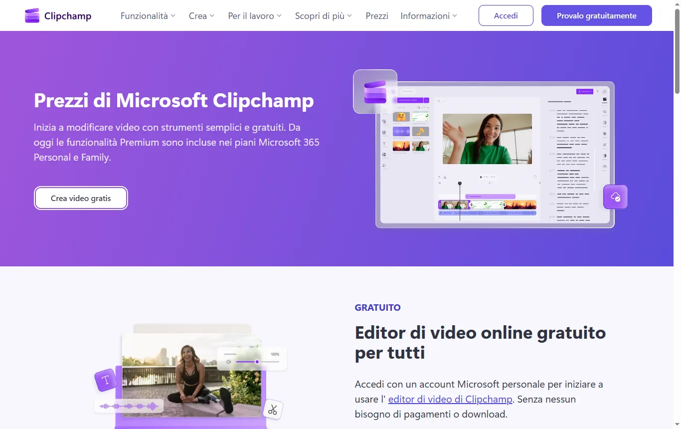 Schermata di clipchamp.com : pagina dei prezzi di Clipchamp (clipchamp.com/it/pricing), riga sull'esportazione gratuita fino a 1080p senza filigrana