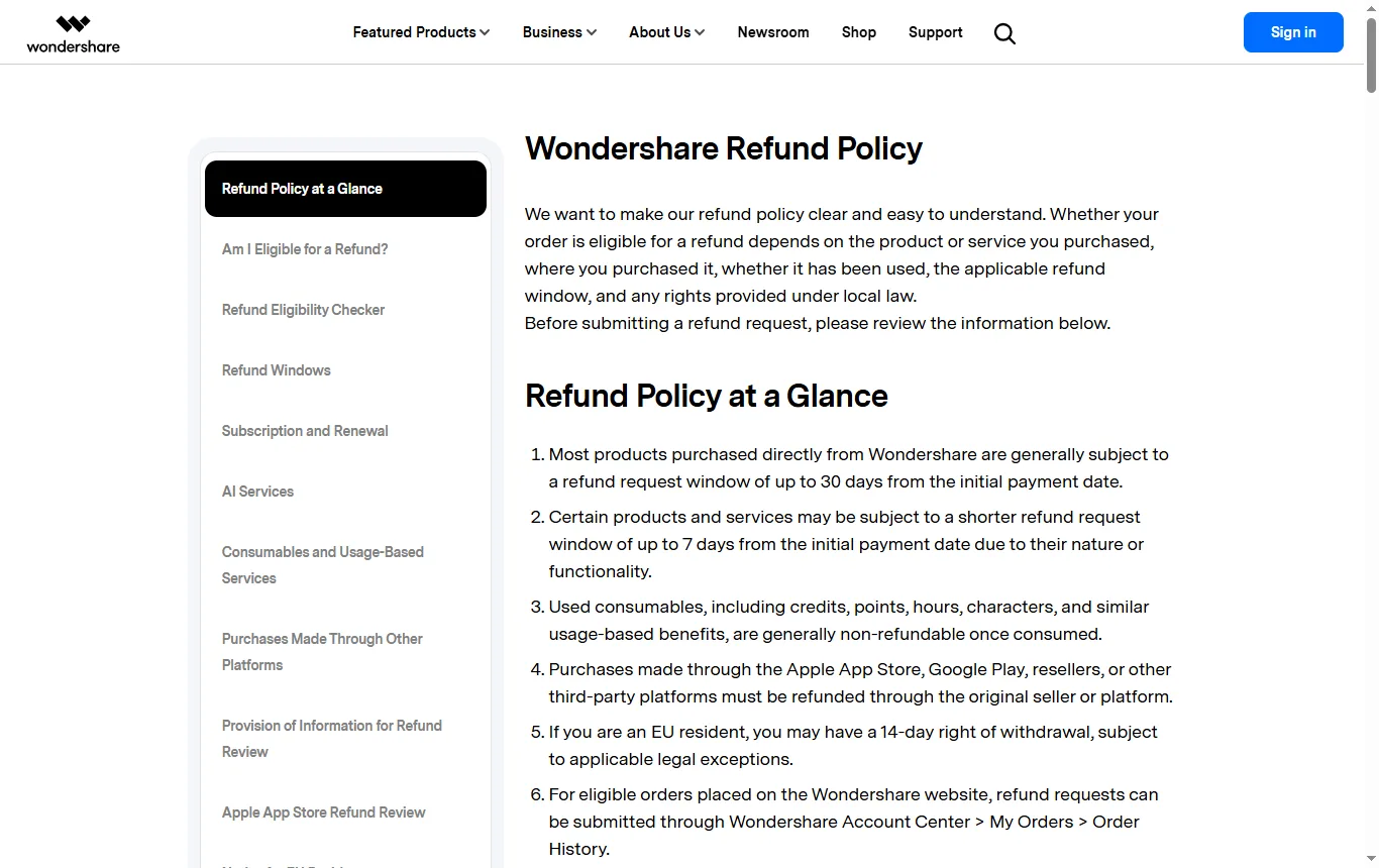 Schermata di wondershare.com : politica di rimborso di Wondershare (wondershare.com/refund-policy.html), passaggio sulla finestra di 30 giorni, sui rinnovi e sul diritto di recesso di 14 giorni per i residenti UE
