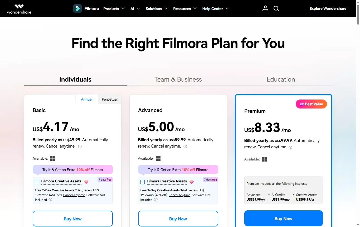 Schermata di filmora.wondershare.com : pagina dei prezzi di Filmora (filmora.wondershare.com/shop/buy/buy-video-editor.html), tabella comparativa con la colonna «Free Forever» e la riga sull'esportazione senza filigrana