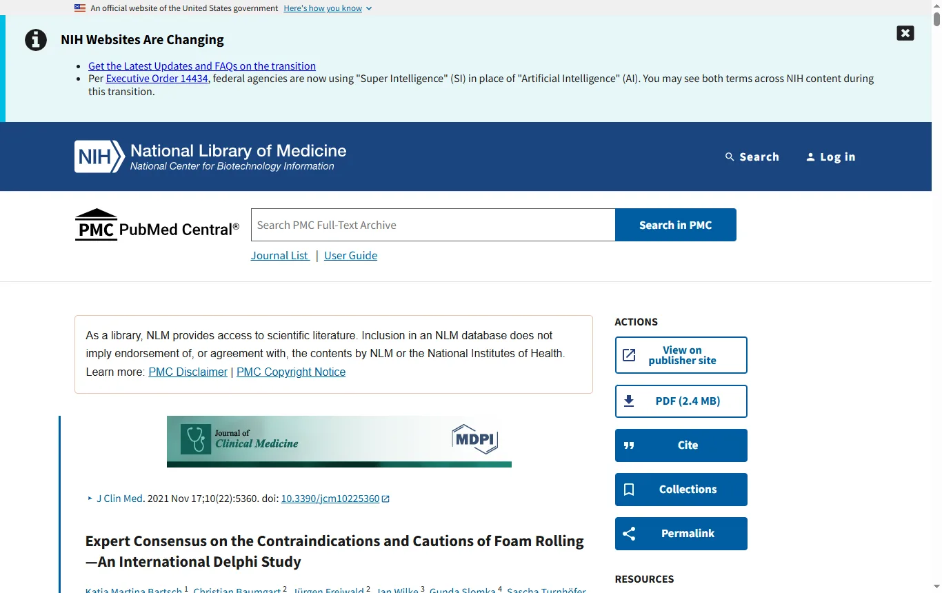 Schermata di pmc.ncbi.nlm.nih.gov : pagina dell'articolo «Expert Consensus on the Contraindications and Cautions of Foam Rolling: An International Delphi Study» su PubMed Central (pmc.ncbi.nlm.nih.gov/articles/PMC8622134/), sezione dei risultati con le percentuali di consenso
