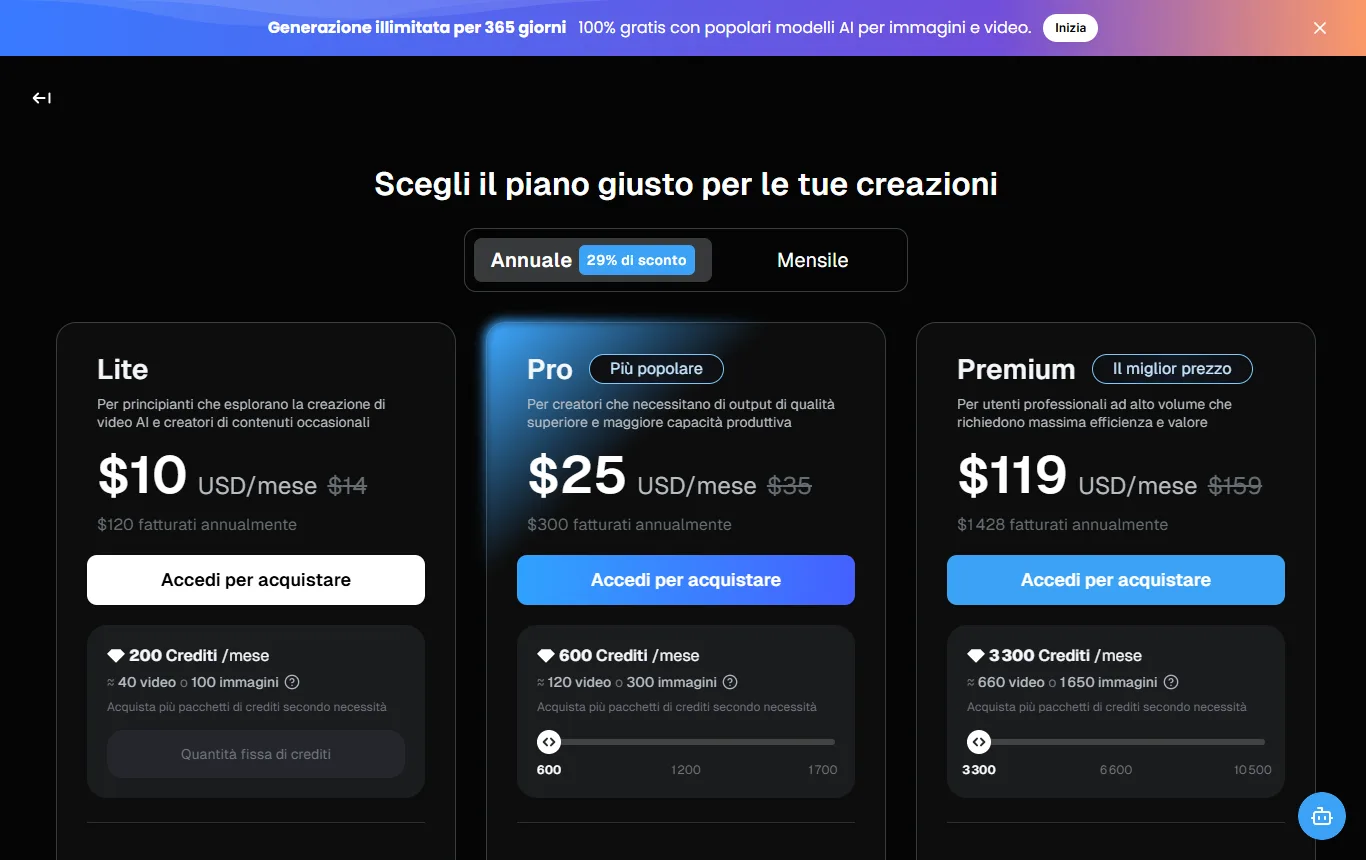 Schermata di deevid.ai : pagina dei prezzi di DeeVid (deevid.ai/pricing, che rimanda alla versione francese), con i 20 crediti di registrazione e la voce sulla filigrana