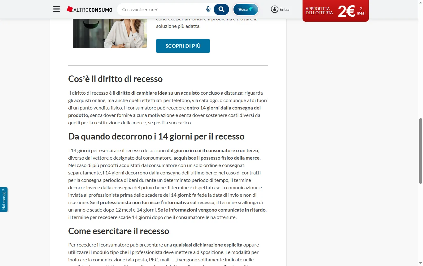 Schermata di altroconsumo.it : articolo «Diritto di recesso acquisti online» di altroconsumo.it, sezioni su termine di 14 giorni, decorrenza, restituzione e rimborso