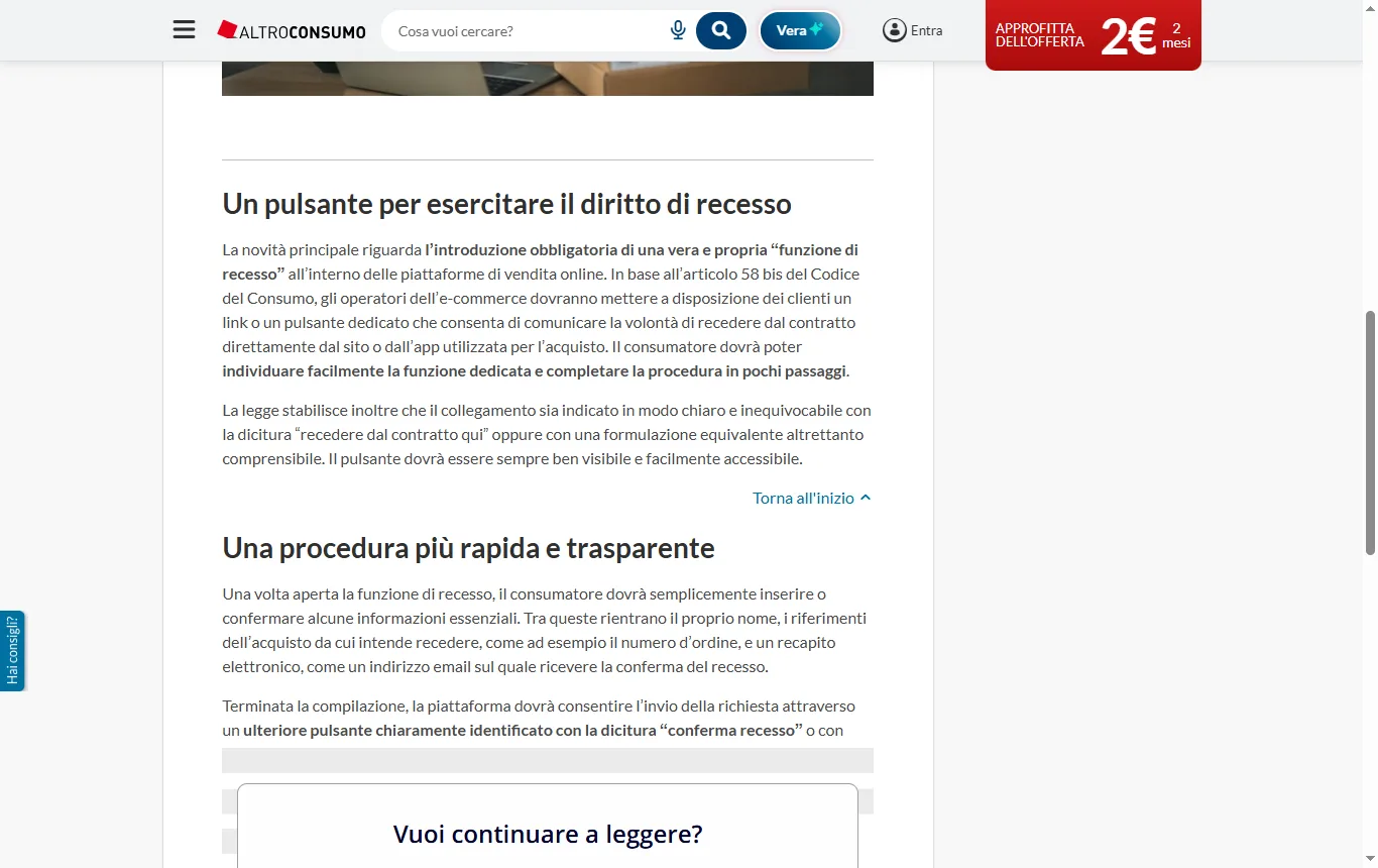Schermata di altroconsumo.it : notizia sul pulsante di recesso di altroconsumo.it (19 giugno 2026), passaggio sulla dicitura «recedere dal contratto qui» e sulla conferma al consumatore