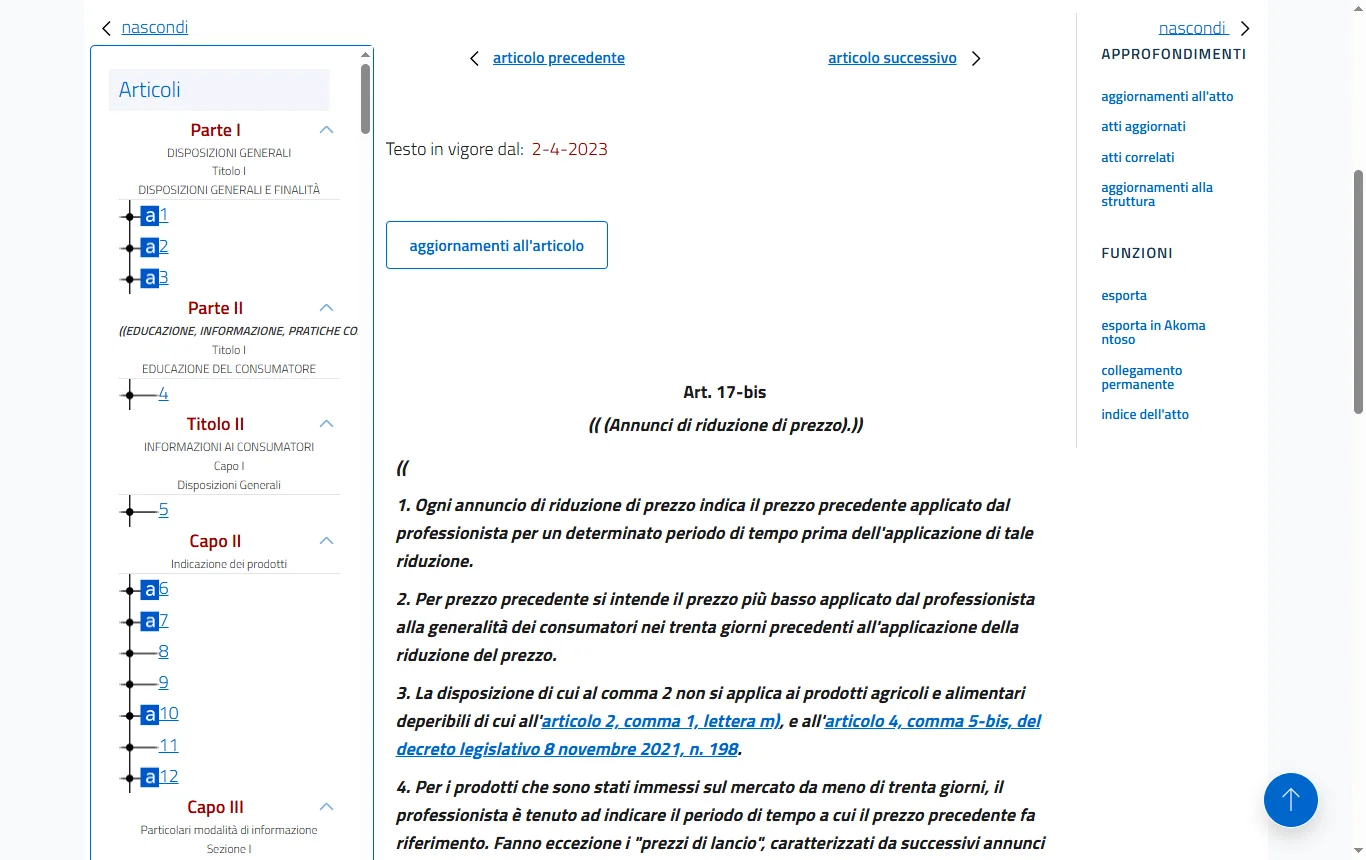 Schermata di normattiva.it : articolo 17-bis del Codice del consumo su normattiva.it, testo su prezzo precedente e trenta giorni