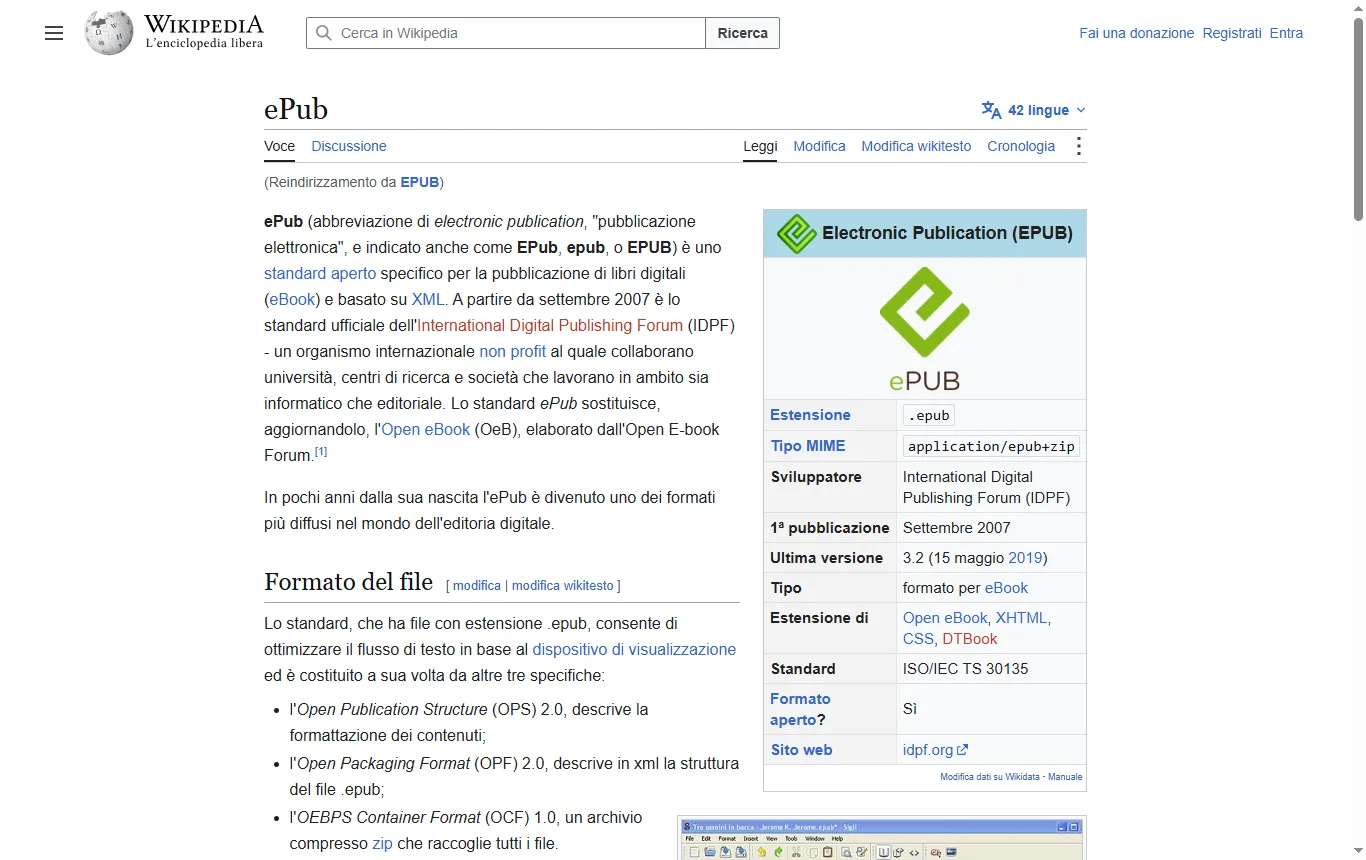 Schermata di it.wikipedia.org : voce «EPUB» di Wikipedia in italiano, presentazione del formato aperto per i libri elettronici (it.wikipedia.org/wiki/EPUB)