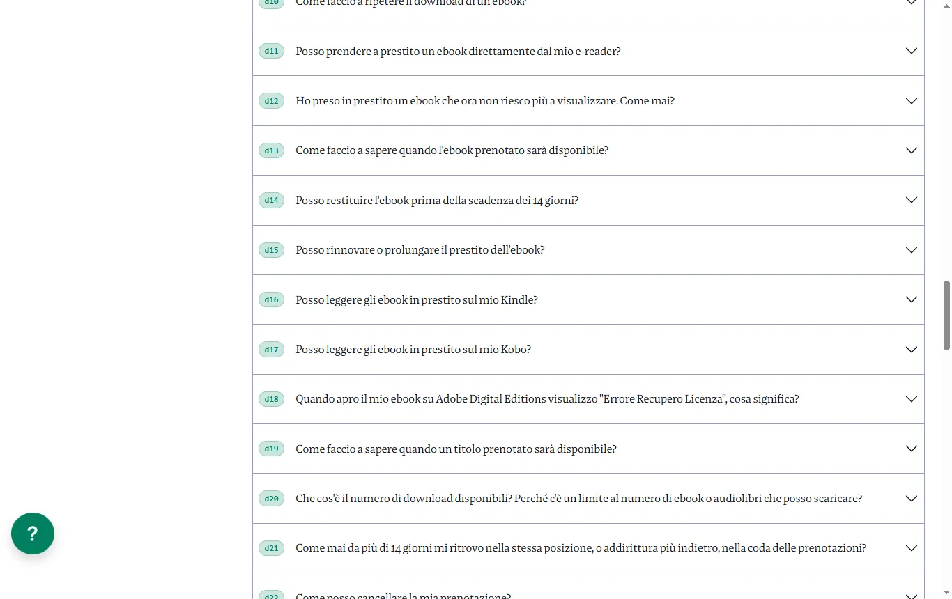 Schermata di biblioteche.medialibrary.it : FAQ di MLOL (biblioteche.medialibrary.it), domande sui dispositivi compatibili: Kindle non compatibile, procedura per Kobo con Adobe DRM, durata del prestito