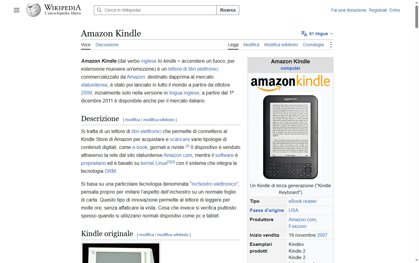 Schermata di it.wikipedia.org : voce «Amazon Kindle» di Wikipedia in italiano, panoramica dei modelli e dei formati supportati (it.wikipedia.org/wiki/Amazon_Kindle)