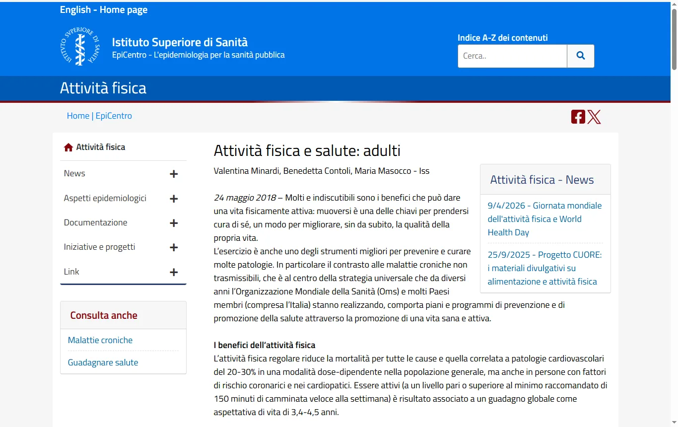 Schermata di epicentro.iss.it : pagina «Attività fisica e salute: adulti» di EpiCentro (epicentro.iss.it/attivita_fisica/Adulti-Passi-2018), passaggio sulle raccomandazioni OMS per gli adulti e sul rafforzamento muscolare due giorni a settimana