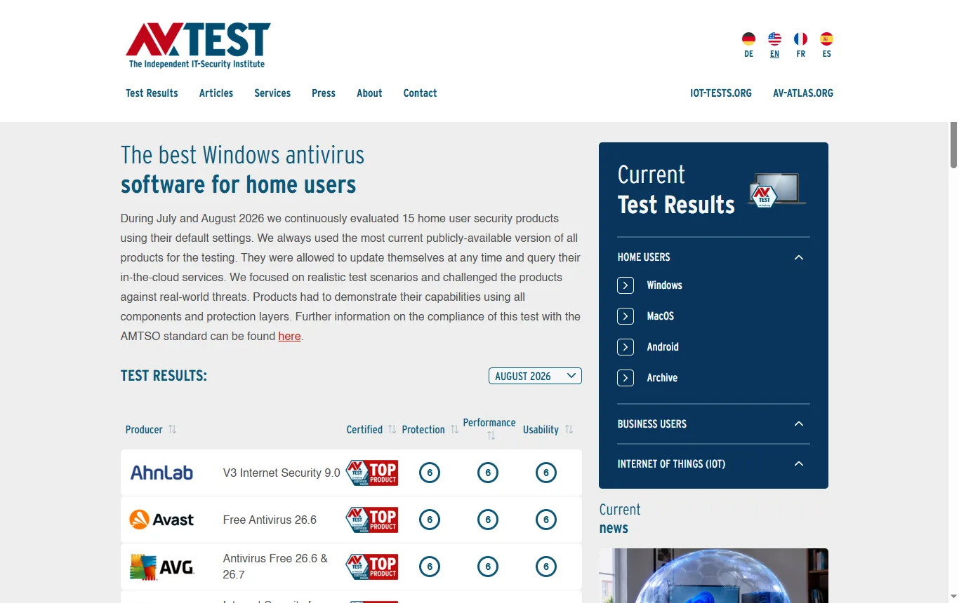 Schermata di av-test.org : pagina AV-TEST sugli antivirus per Windows 11 per utenti domestici, con la tabella di agosto 2026 e la riga di Microsoft Defender Antivirus