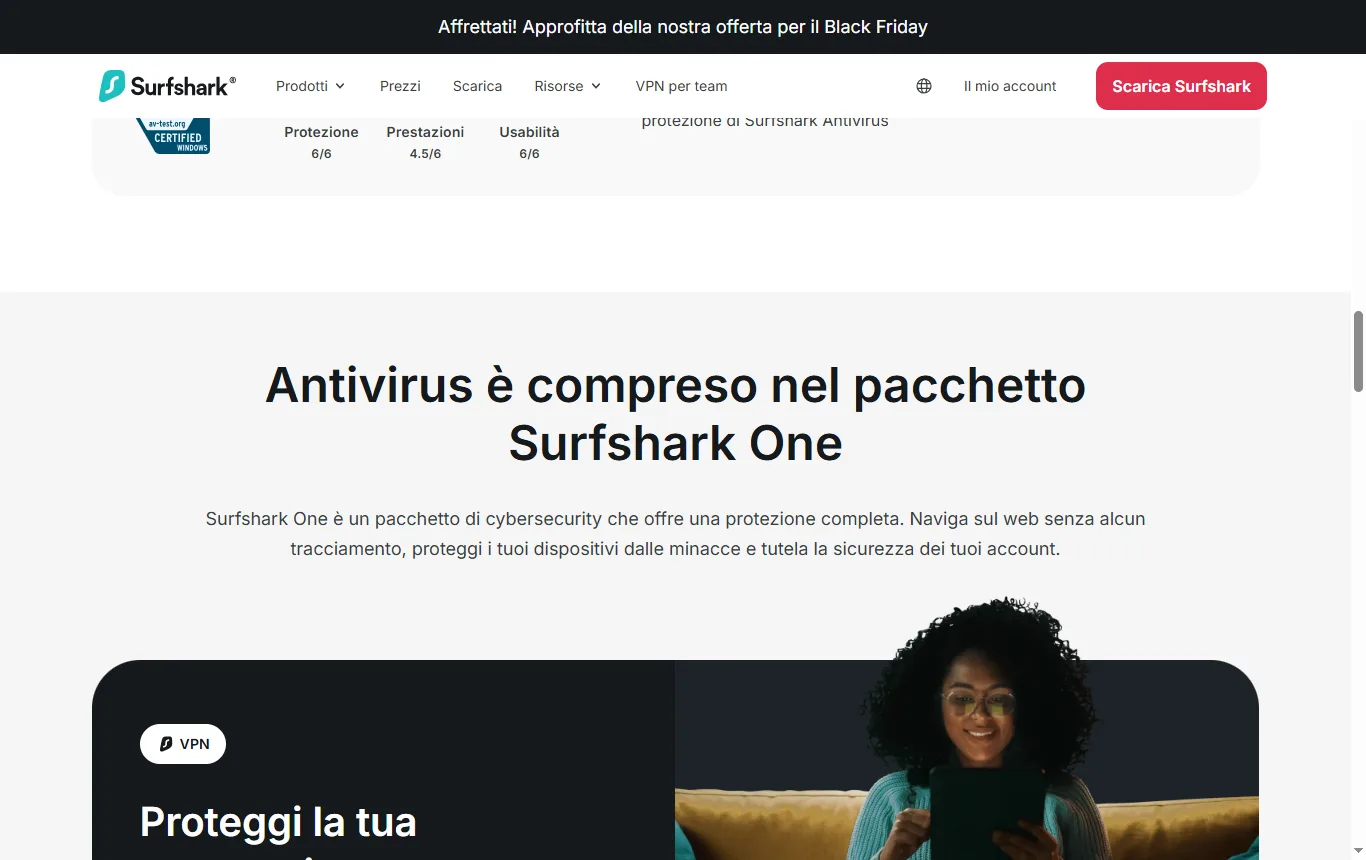 Schermata di surfshark.com : pagina italiana di Surfshark Antivirus con l'indicazione che è incluso in un pacchetto