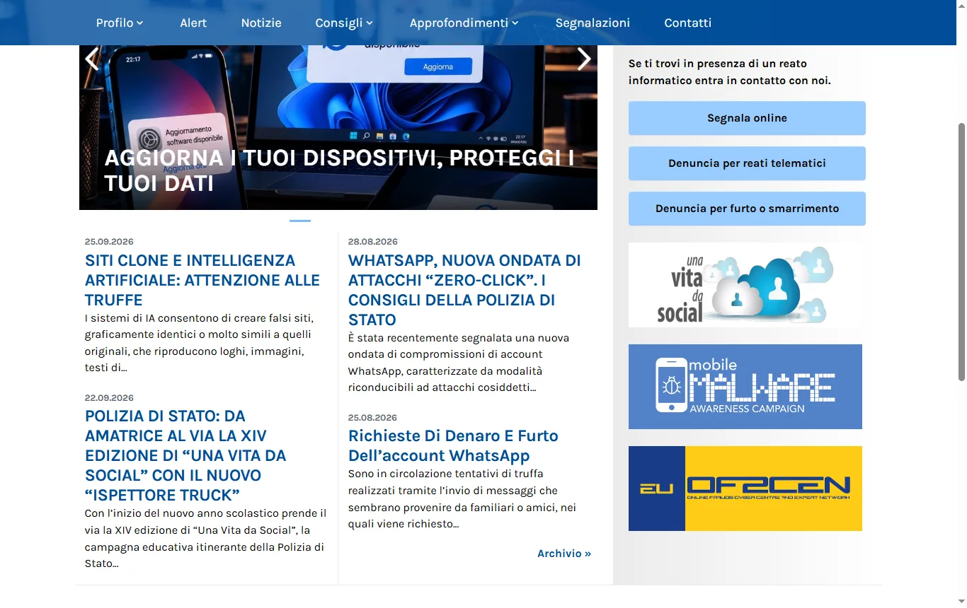 Schermata di commissariatodips.it : home del sito della Polizia di Stato dedicato ai reati informatici (commissariatodips.it), con gli avvisi di agosto e settembre 2026 su account compromessi e siti falsi