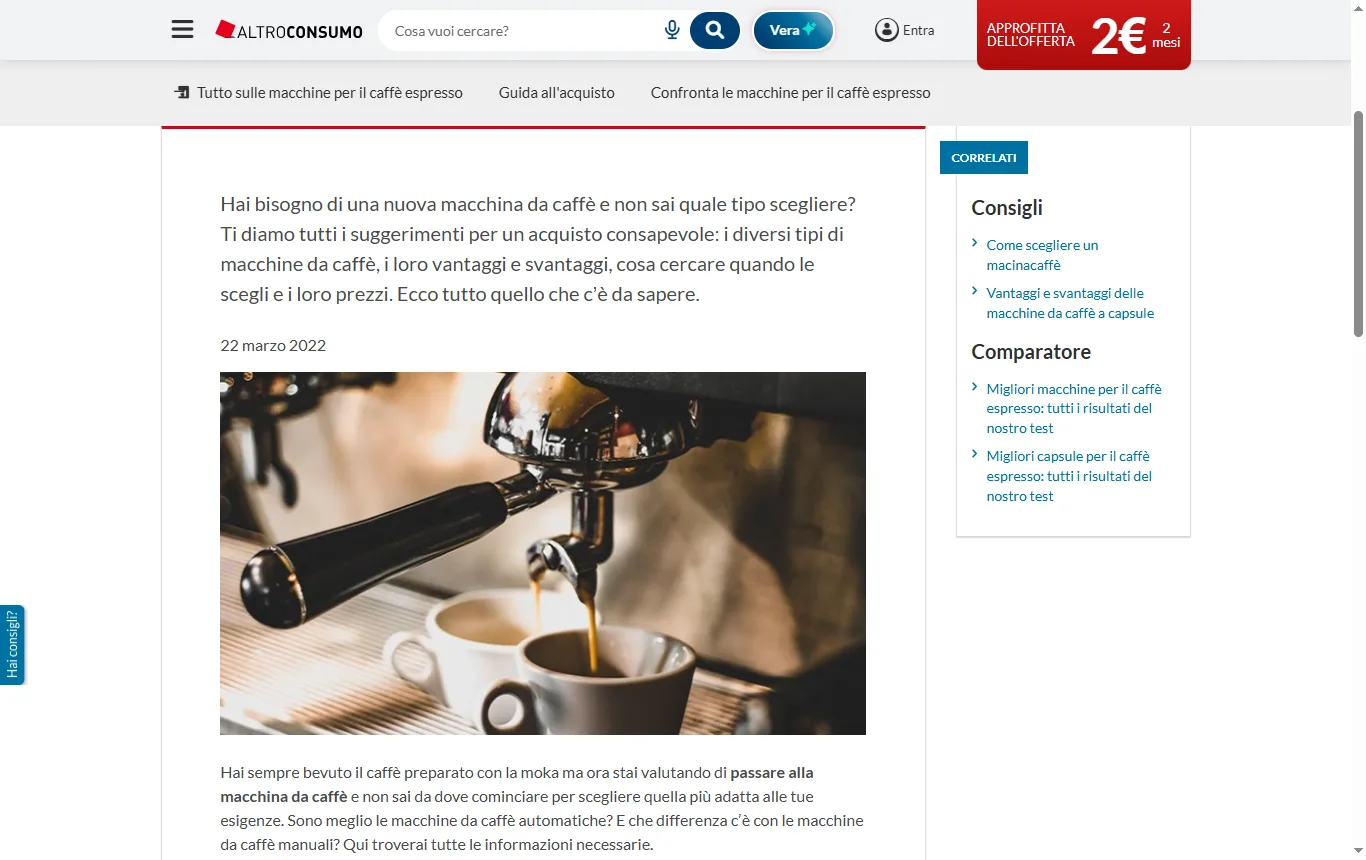 Schermata di altroconsumo.it : articolo «Macchine da caffè: quale tipologia scegliere» di altroconsumo.it, elenco delle cinque tipologie con i relativi pro e contro