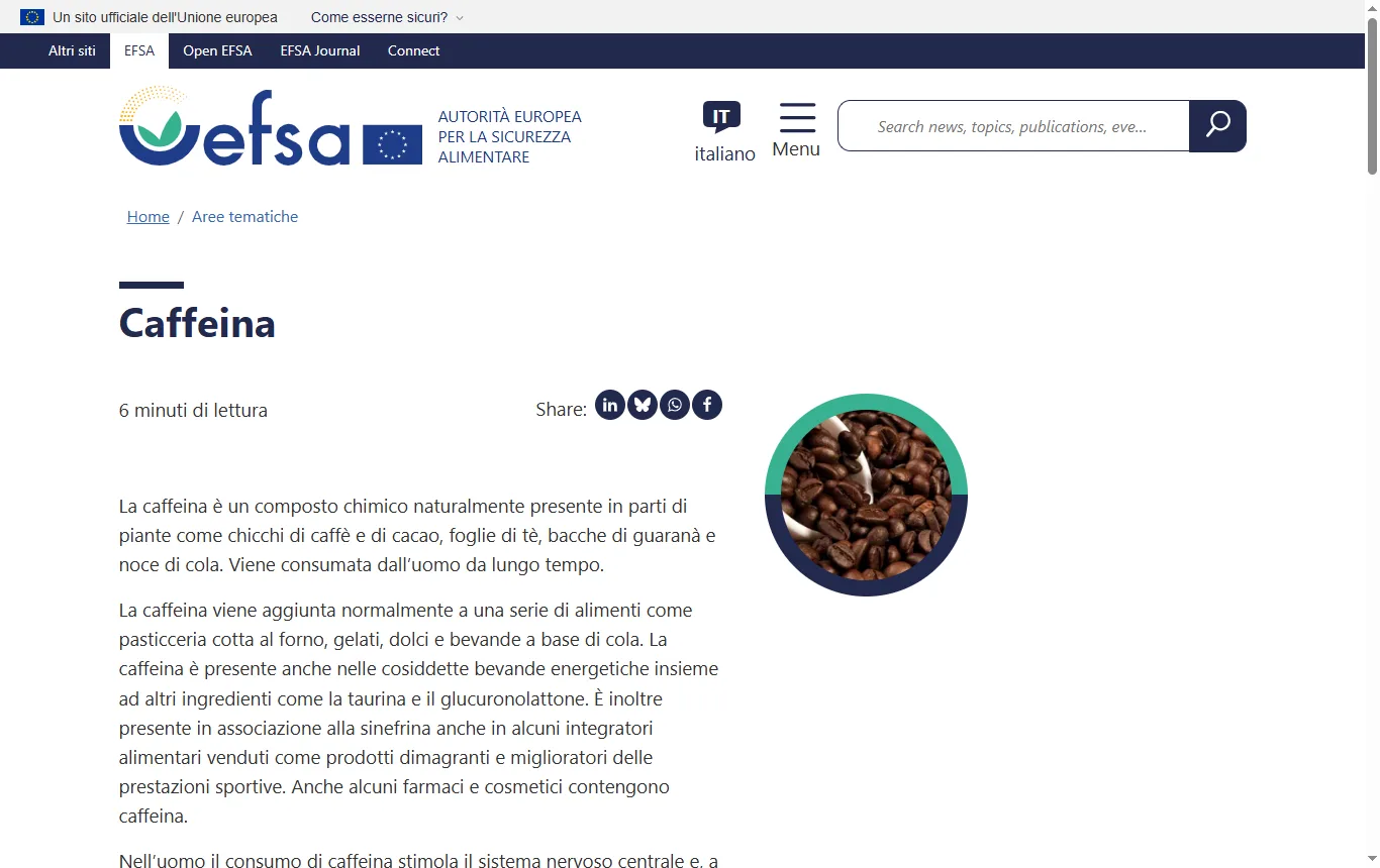 Schermata di efsa.europa.eu : pagina «Caffeina» di efsa.europa.eu/it, riquadro con le soglie di sicurezza per adulti, dose singola e gravidanza