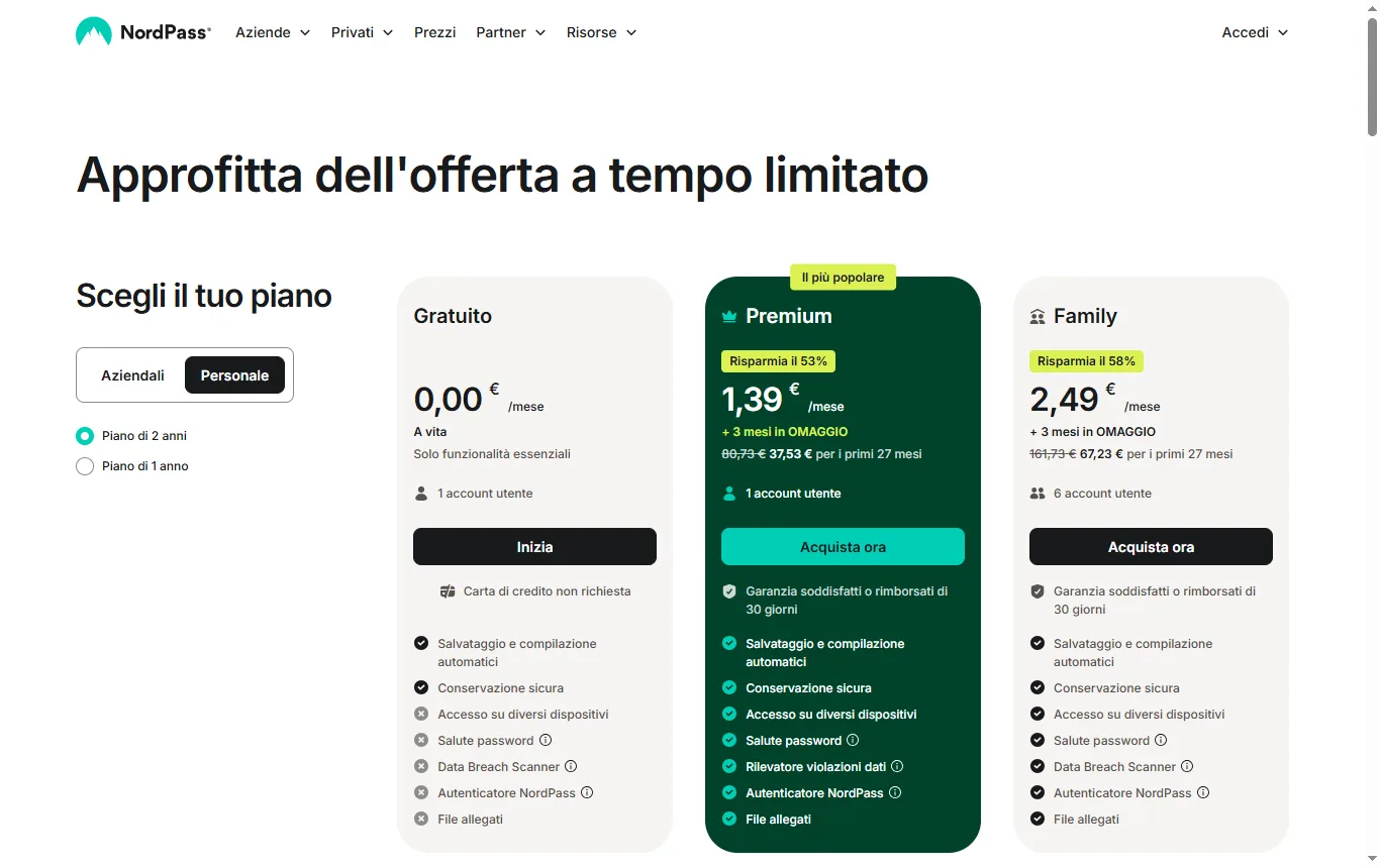 Schermata di nordpass.com : pagina dei piani di NordPass (nordpass.com/plans), con la colonna «Gratuito» e l'elenco di ciò che non è incluso