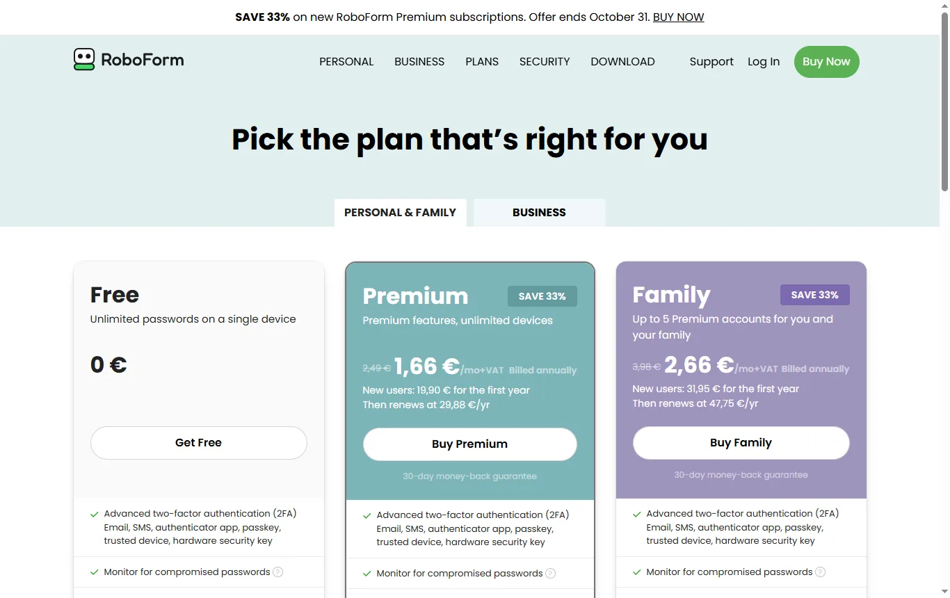 Schermata di roboform.com : pagina dei prezzi personali di RoboForm (roboform.com/pricing-personal), con la formula Free e il limite di un solo dispositivo