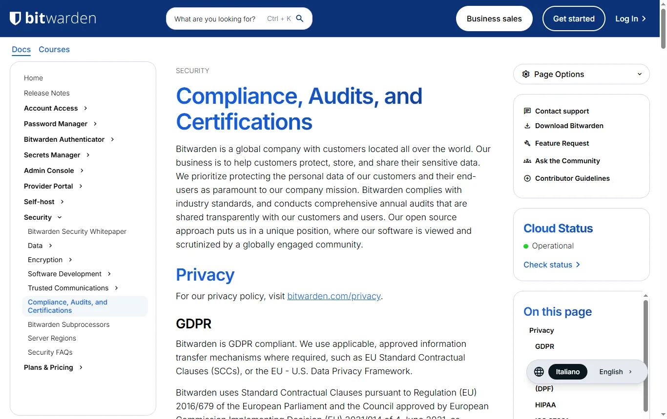 Schermata di bitwarden.com : pagina di Bitwarden sugli audit di terze parti (bitwarden.com/help/is-bitwarden-audited), con l'elenco dei rapporti per anno