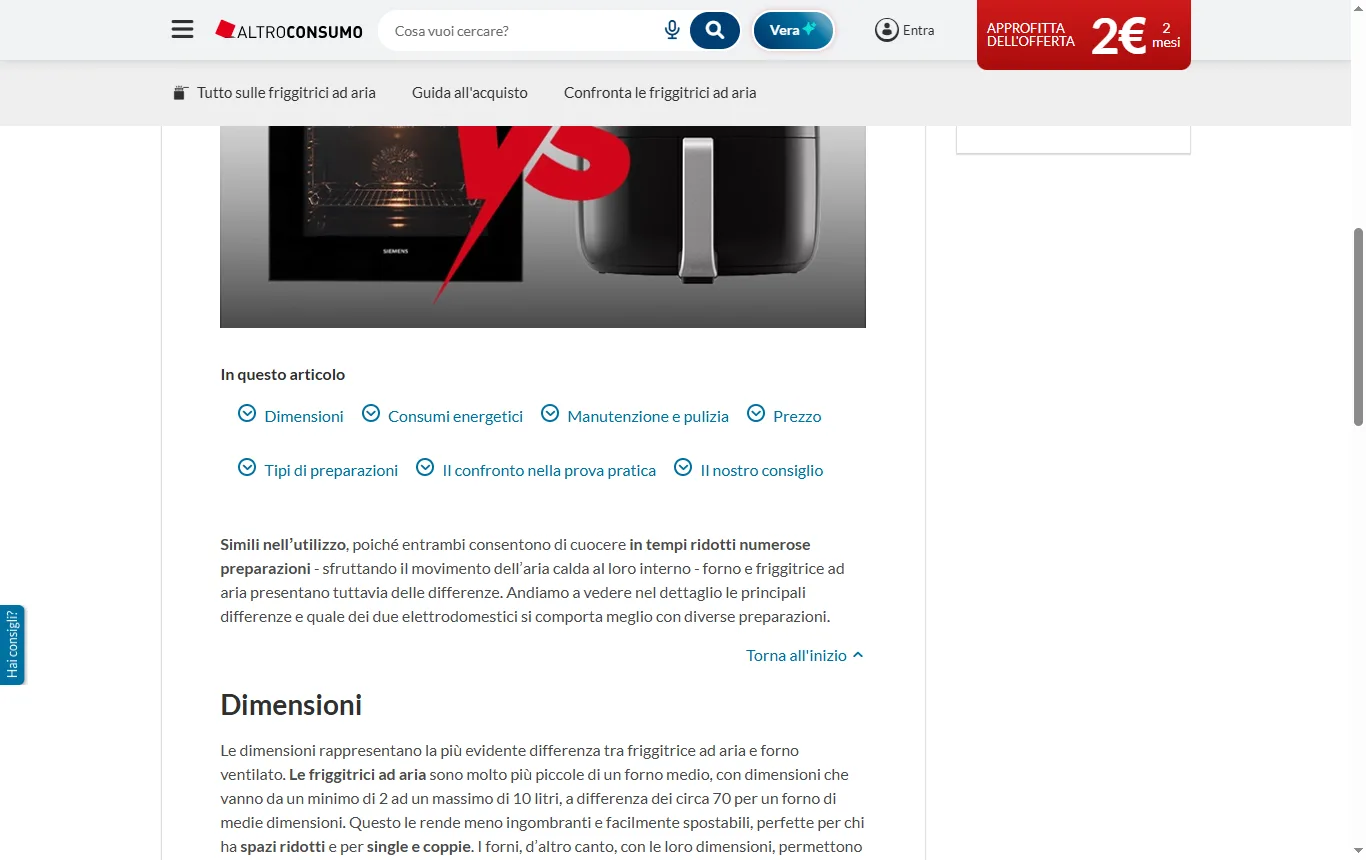 Schermata di altroconsumo.it : articolo «Forno VS friggitrice ad aria: chi vince?» di altroconsumo.it, tabella di confronto su consumi, tempi e capacità