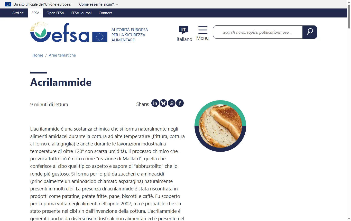 Schermata di efsa.europa.eu : pagina sull'acrilammide di efsa.europa.eu, paragrafo sulla formazione negli alimenti ricchi di amido cotti a più di 120 gradi