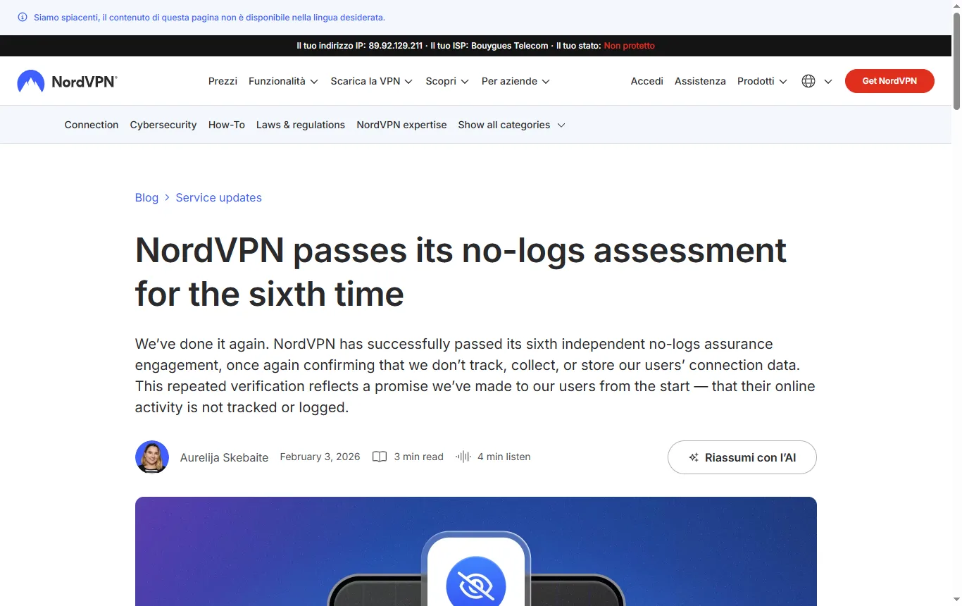 Schermata di nordvpn.com : articolo del blog NordVPN sull'audit di assurance di Deloitte Lithuania (nordvpn.com/blog/nordvpn-no-logs-assurance-engagement-2025/), con date, standard ISAE 3000 e perimetro dei server