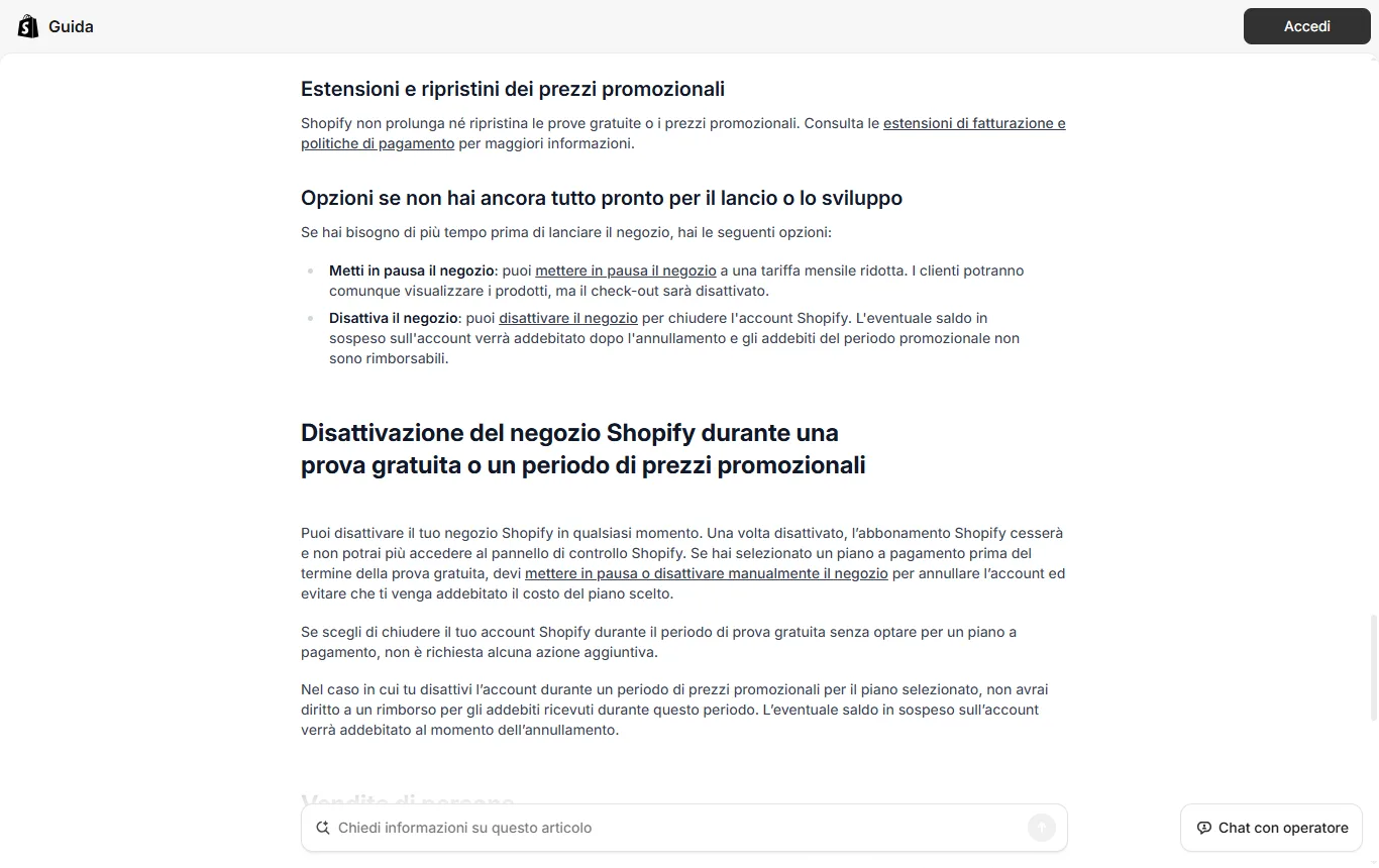 Schermata di help.shopify.com : pagina di aiuto di Shopify sulla prova gratuita (help.shopify.com), passaggio su cosa succede alla fine della prova e sulla disattivazione manuale del negozio