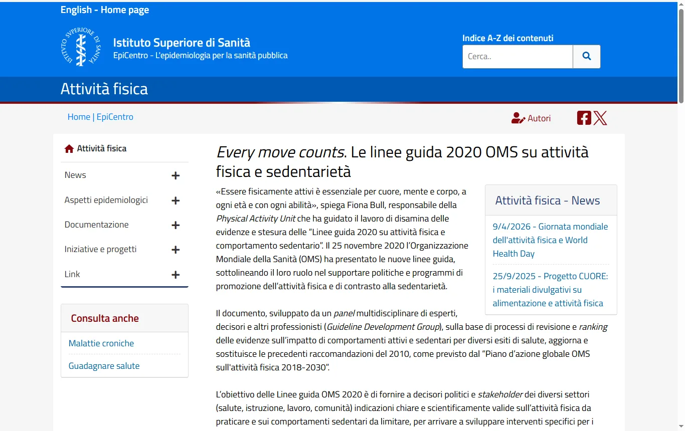 Schermata di epicentro.iss.it : pagina «Every move counts. Le linee guida 2020 OMS su attività fisica e sedentarietà» di EpiCentro (epicentro.iss.it/attivita_fisica/linee-guida-oms-2020), passaggio sulla soglia dei 10 minuti non più indicata